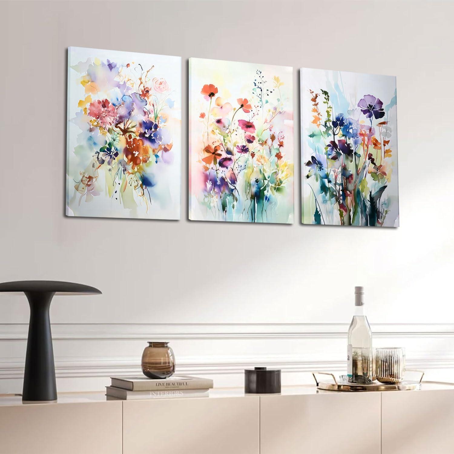 JRXY 3 Pcs Framed Watercolor Floral Botanical Canvas Wall Art Colorful Wildflower Plant Paintings Prints Posters 12x16 in