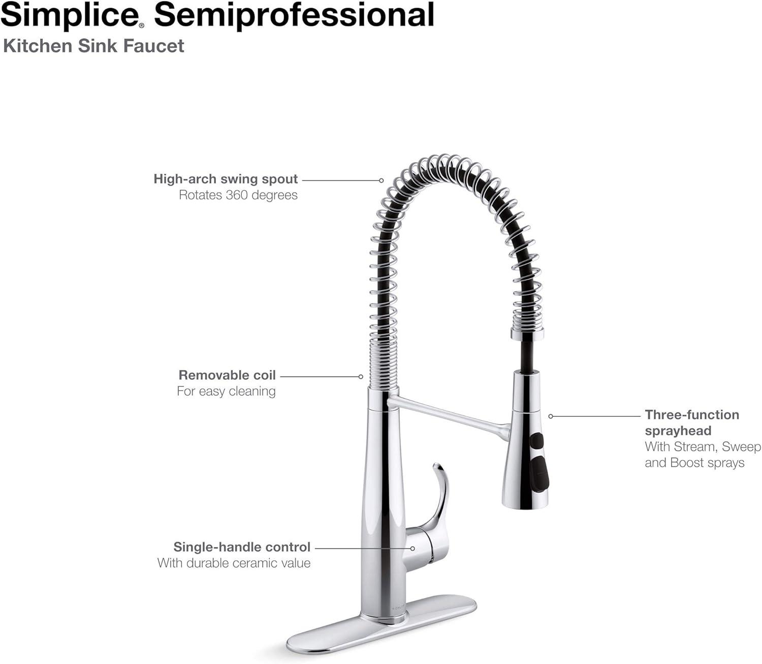 Kohler Simplice Single Handle Semi-Professional Pre-Rinse Kitchen Sink Faucet with Three-Function Pull Down Sprayer