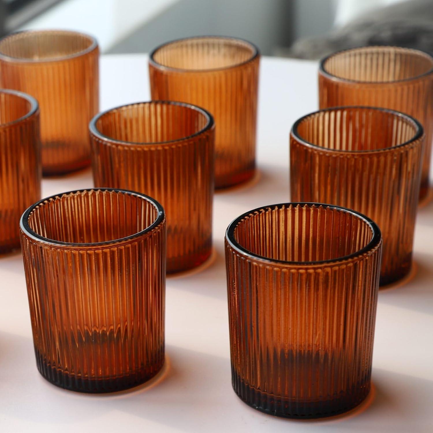 Amber Ribbed Glass Votive Candle Holders, Set of 12