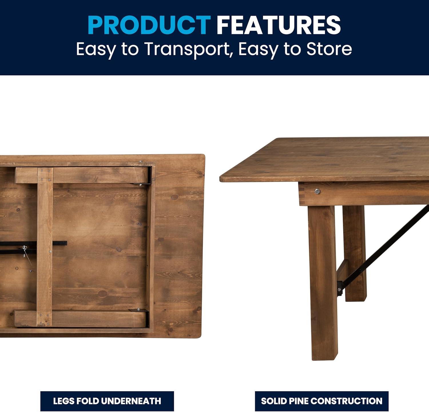 Flash Furniture Eternity Rectangular Solid Pine Farm Dining Table with Folding X-Style Legs