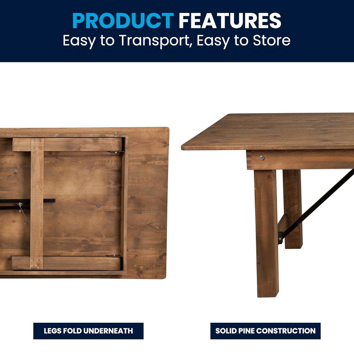 Flash Furniture Hercules Series 8' x 40" Rectangular Rustic Solid Pine Folding Dining Table