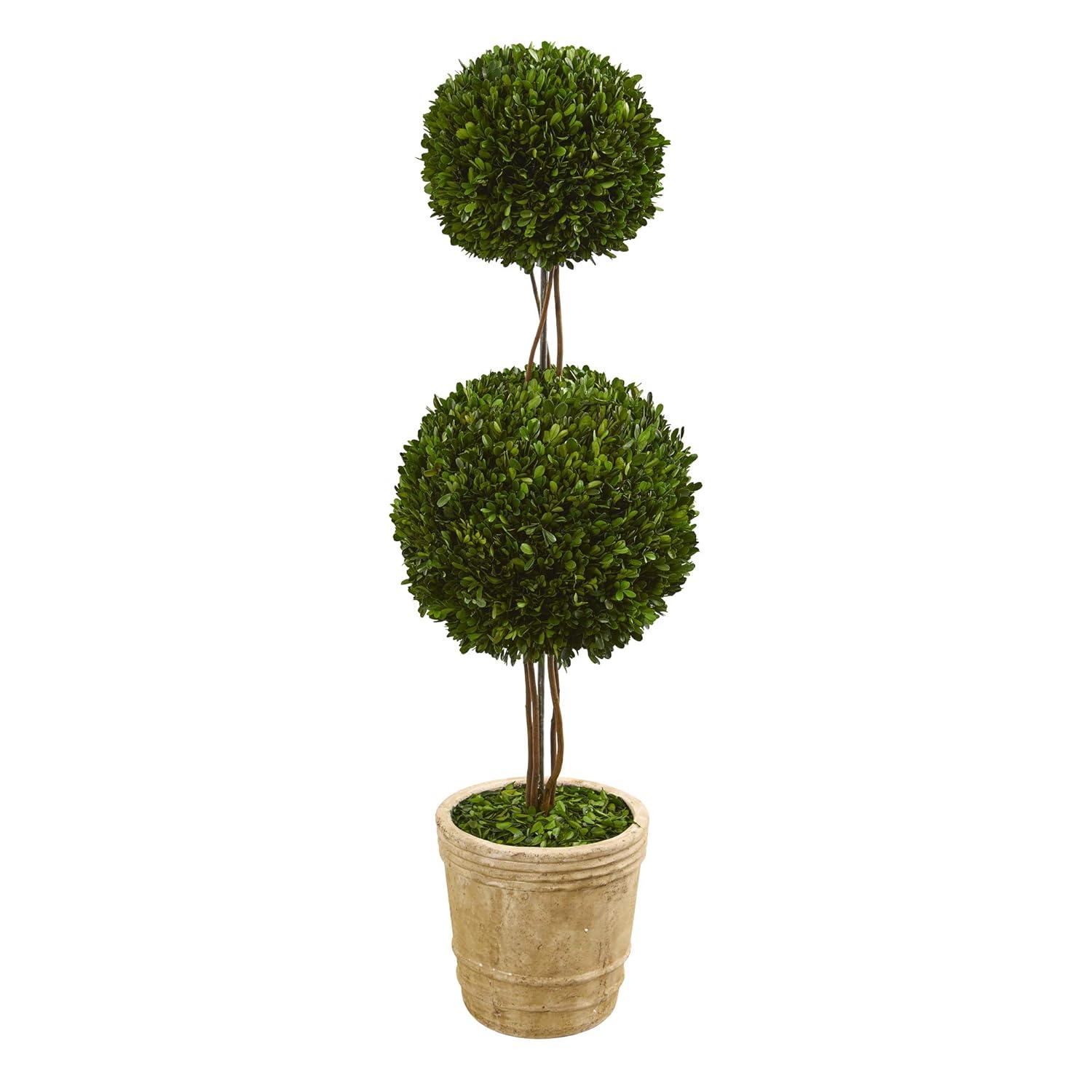 Nearly Natural 4-ft Preserved Boxwood Double Ball Topiary Tree in Planter