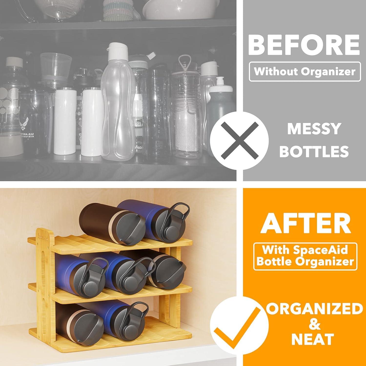 SpaceAid 3-Tier Bamboo Water Bottle Organizer with Labels