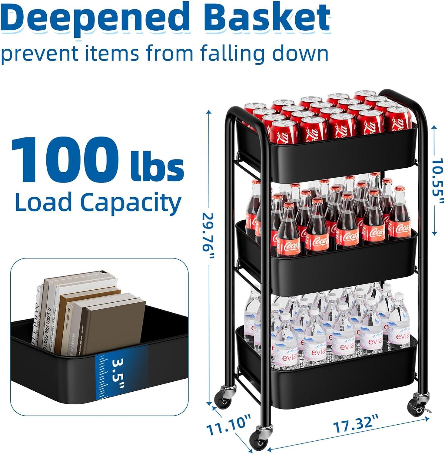 Zeki Shoggy 3-Tier Rolling Metal Storage Organizer - Mobile Utility Cart, Kitchen Cart With Caster Wheels (Black)