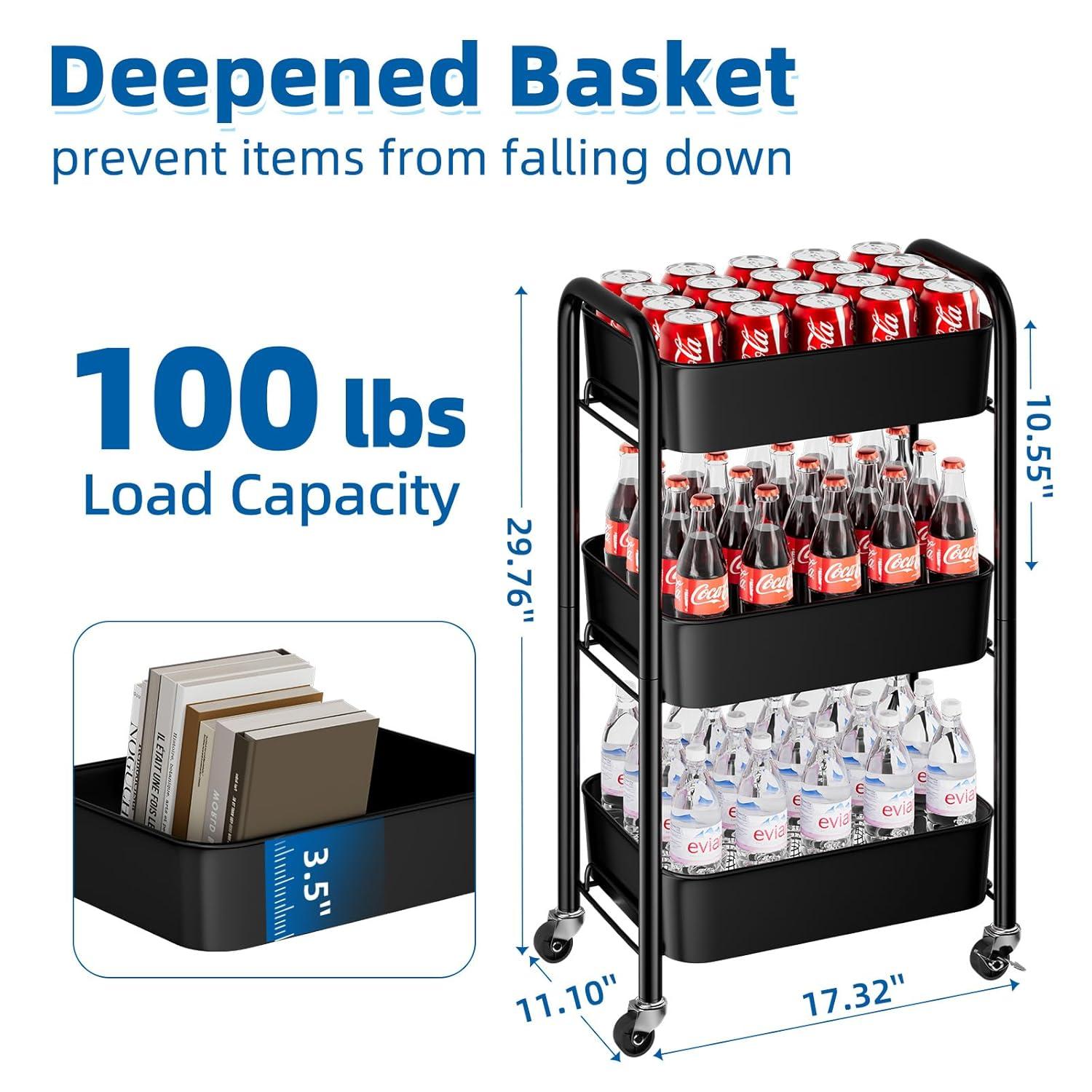 Zeki Shoggy 3-Tier Rolling Metal Storage Organizer - Mobile Utility Cart, Kitchen Cart With Caster Wheels (Black)
