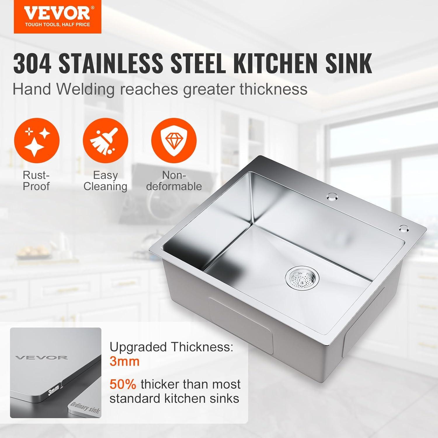 25'' L Flush Single Bowl Stainless Steel Kitchen Sink