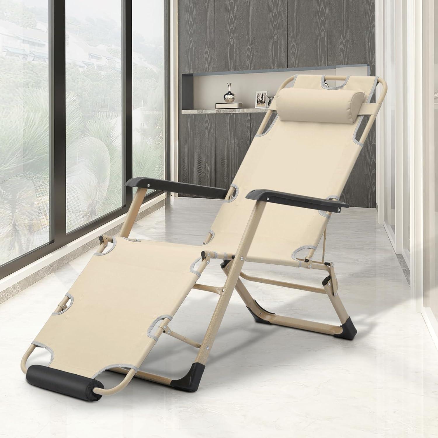 MoNiBloom Lounge Chair with Adjustable Headrest and Foot Pads, Outdoor Foldable Recliner, Folding Reclining Lounger for Adults, Support 330lbs, Cream