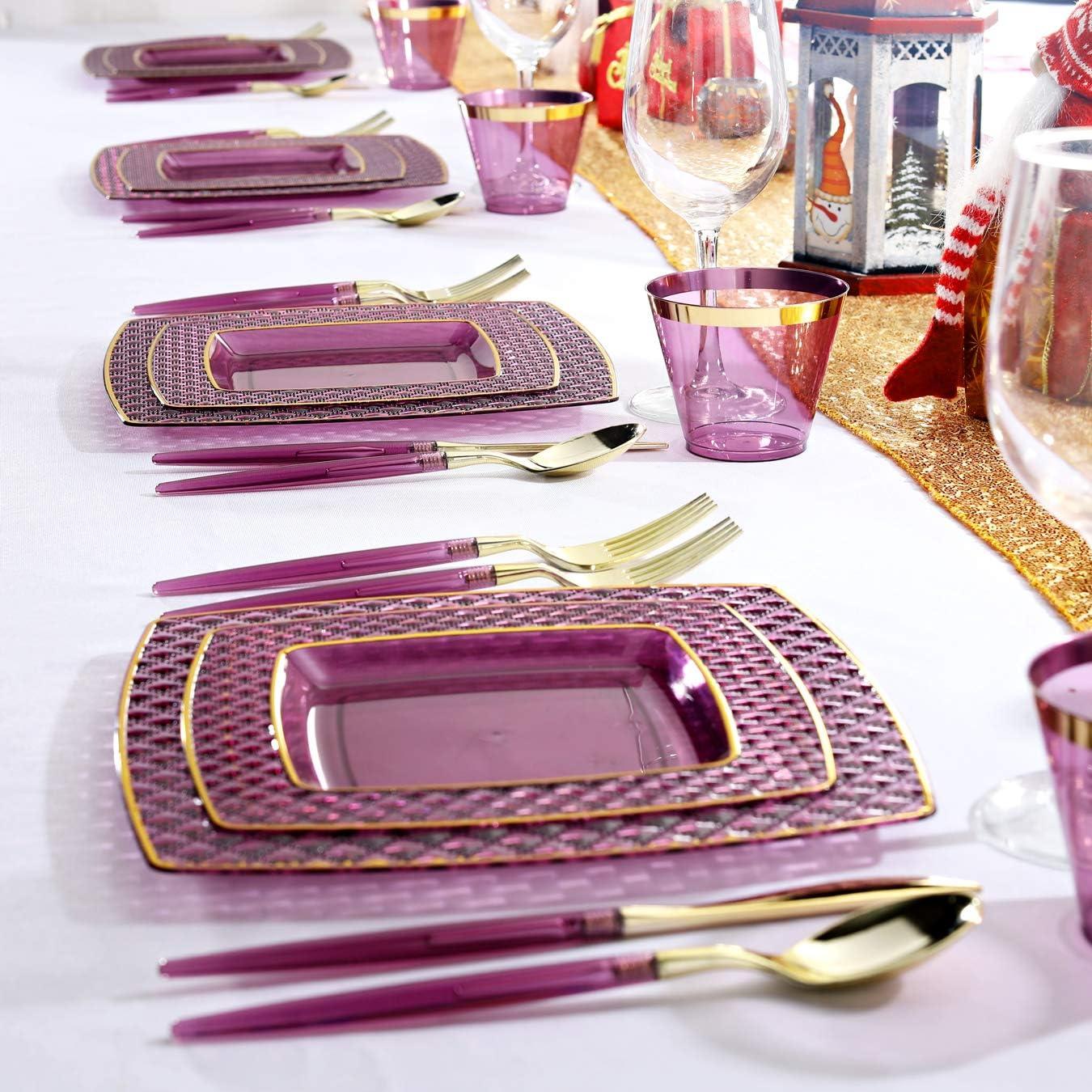 Elegant Purple and Gold Disposable Plastic Dinnerware Set