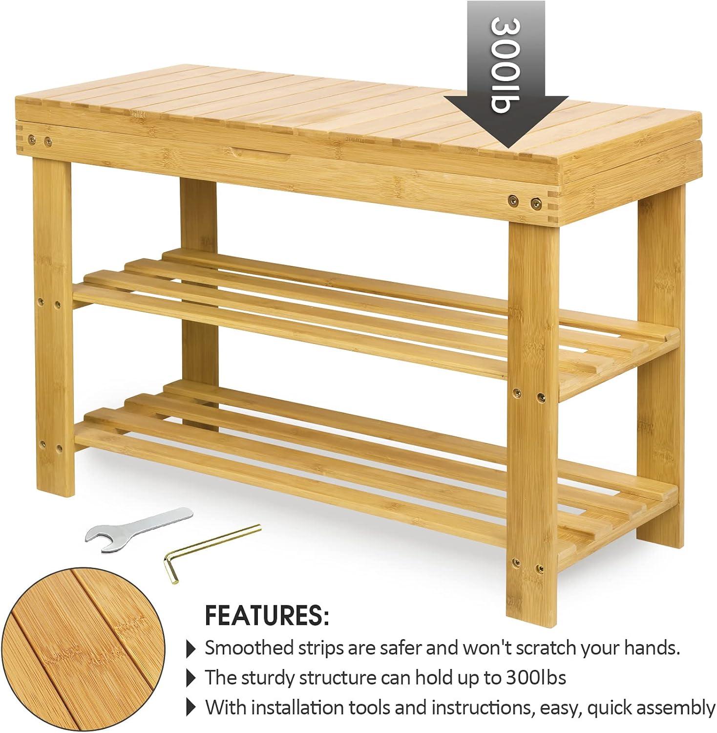 Natural Bamboo Shoe Rack Storage Bench with Drawer