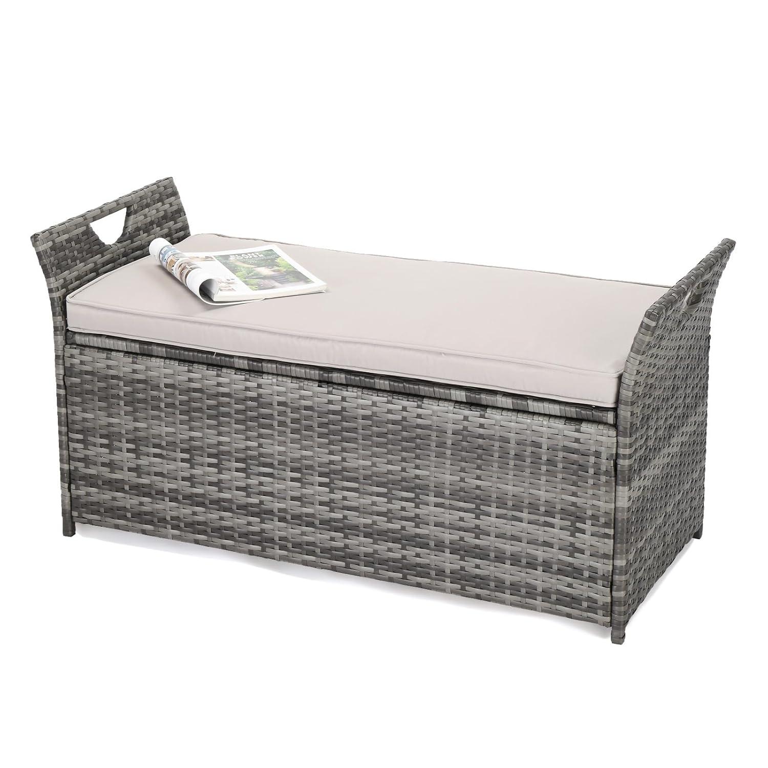 Gray Wicker Outdoor Storage Bench with Cushion