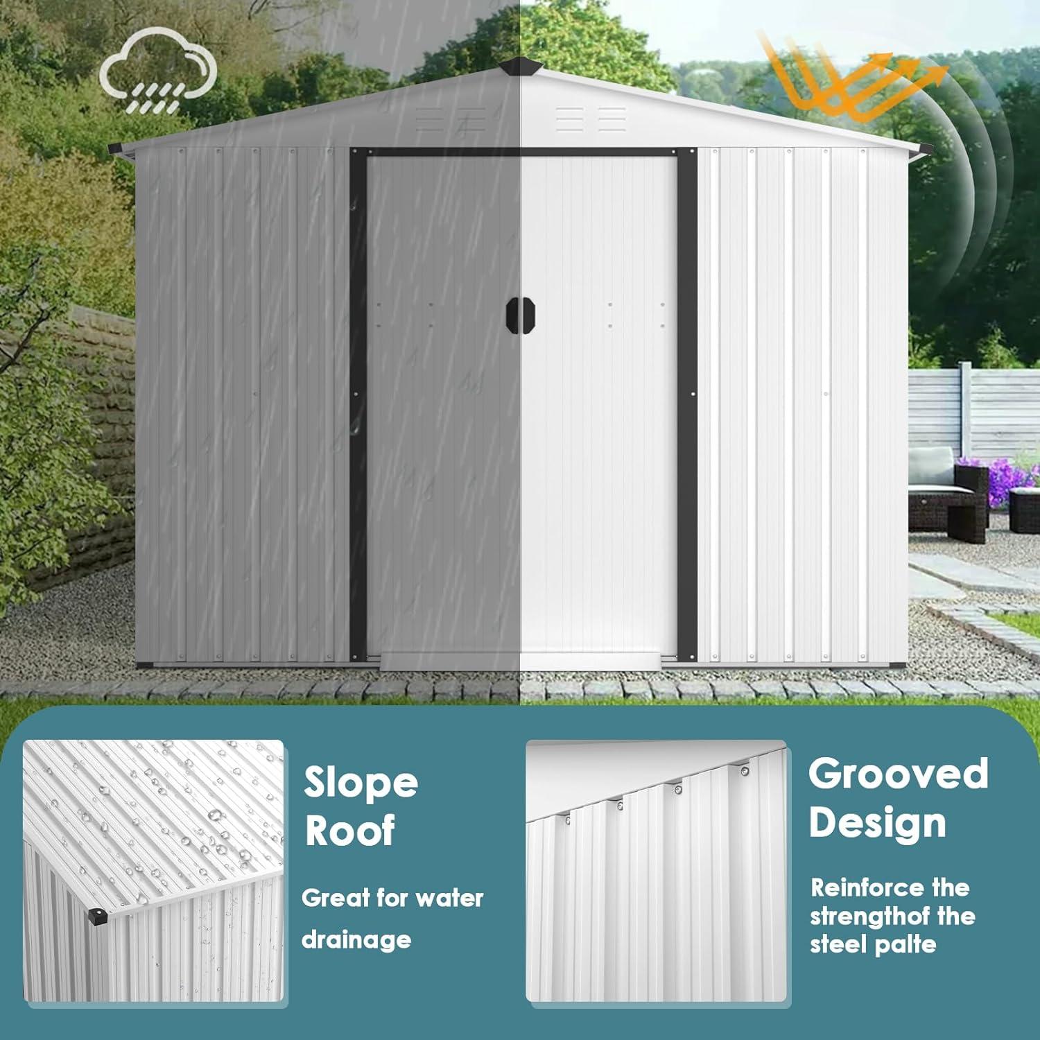 White 6' x 8' Outdoor Metal Storage Shed with Sliding Door