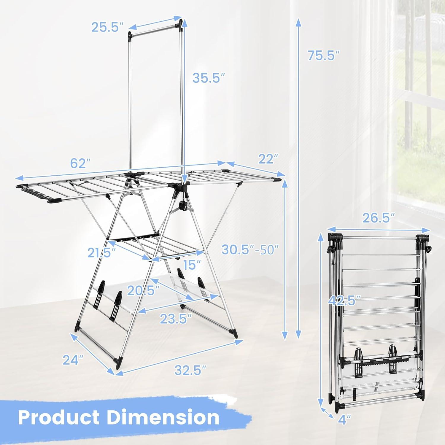 Topbuy Clothes Drying Rack Aluminum Gullwing Style Rack with 6-Level Adjustable Height High Hanger Design Side Clips