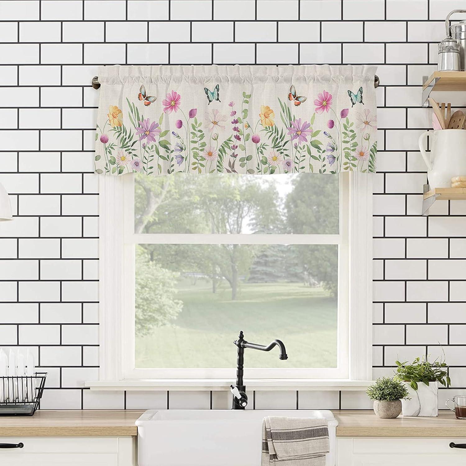 Spring Watercolor Floral Print Valance with Rod Pocket, 54" x 18"