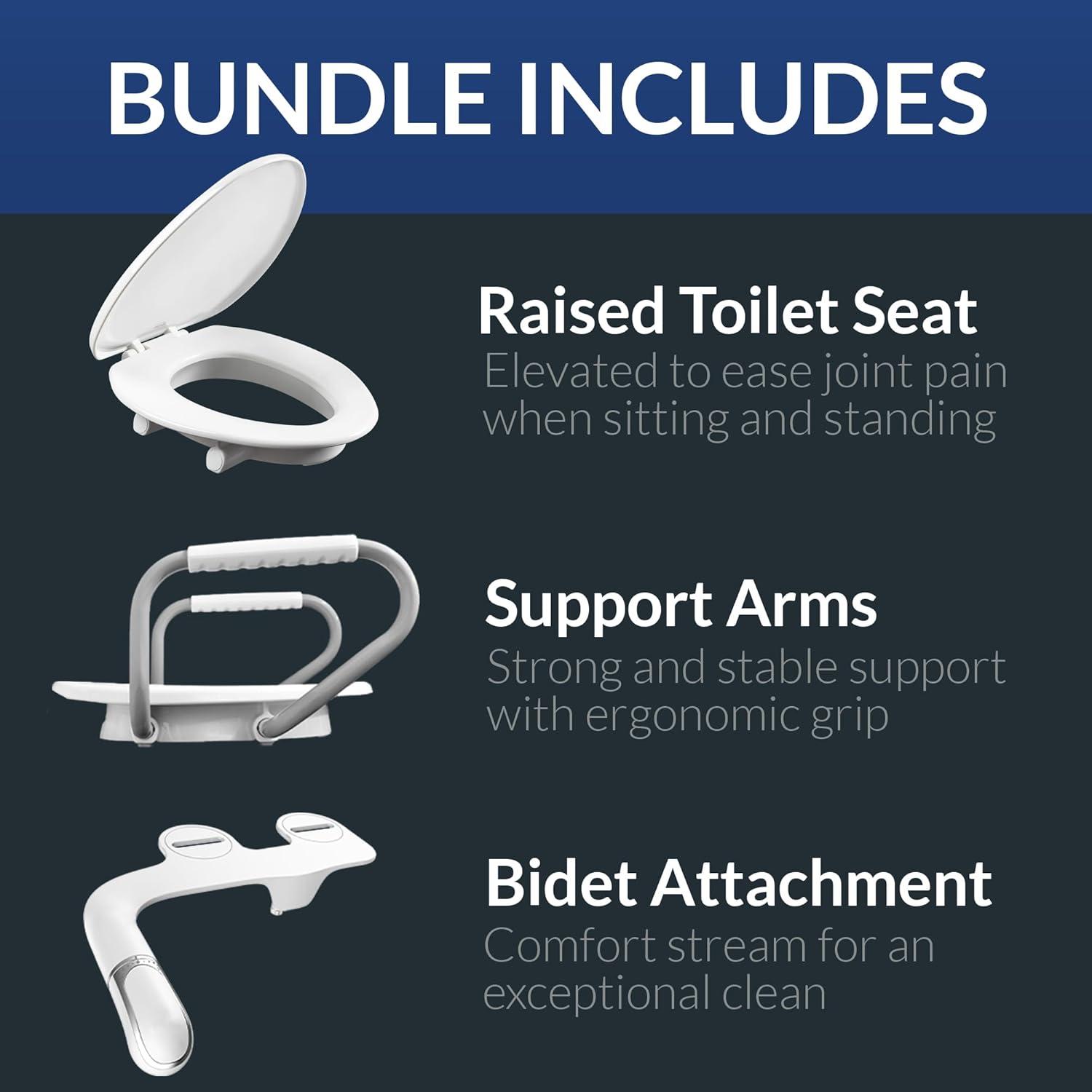 Assurance 3" Raised Toilet Seat with Handles and Bidet Attachment, Secure Hinges, Elongated, White