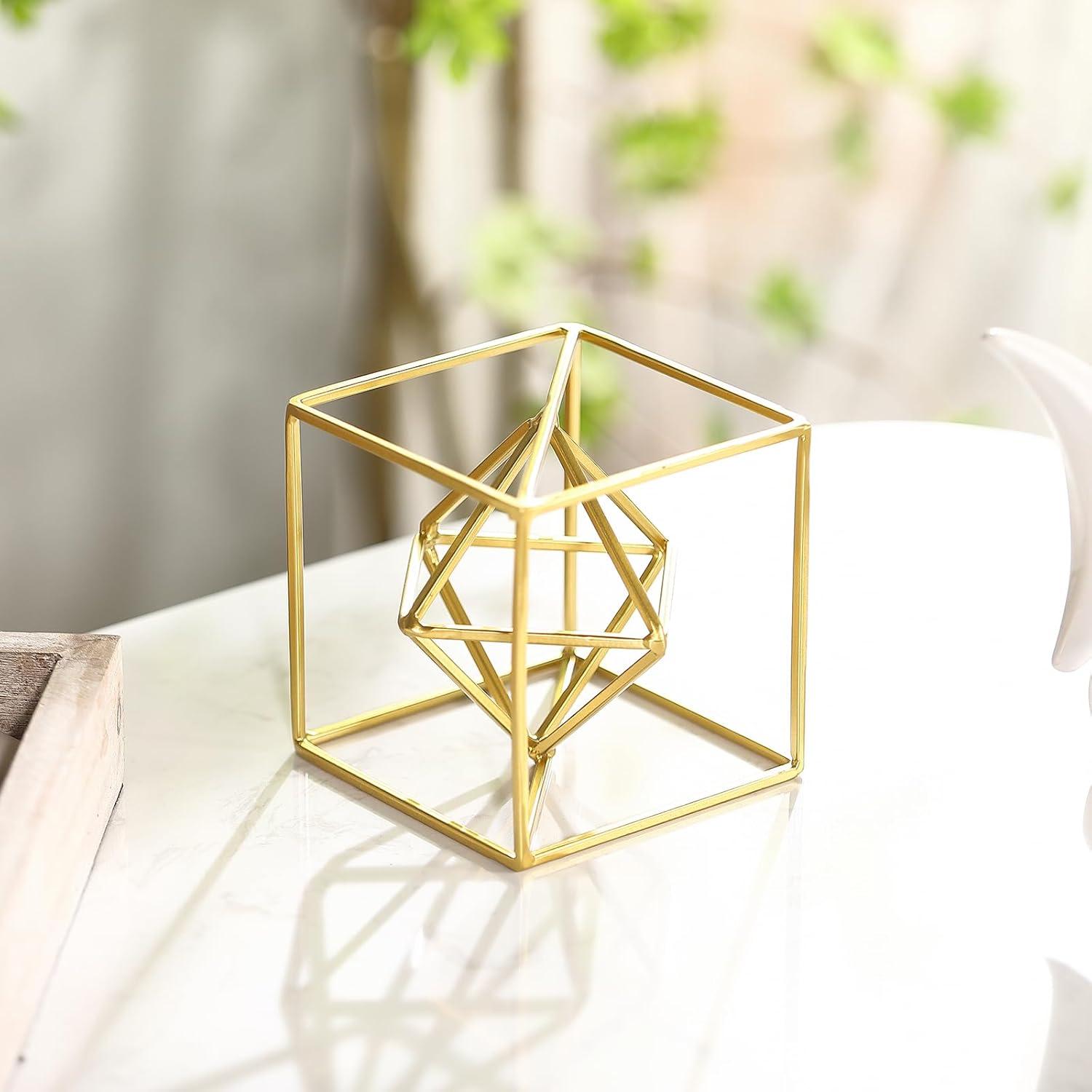 2024 Gold Metal Geometric Orb Sculpture - 4.72" Modern Square Abstract Decor for Home & Office