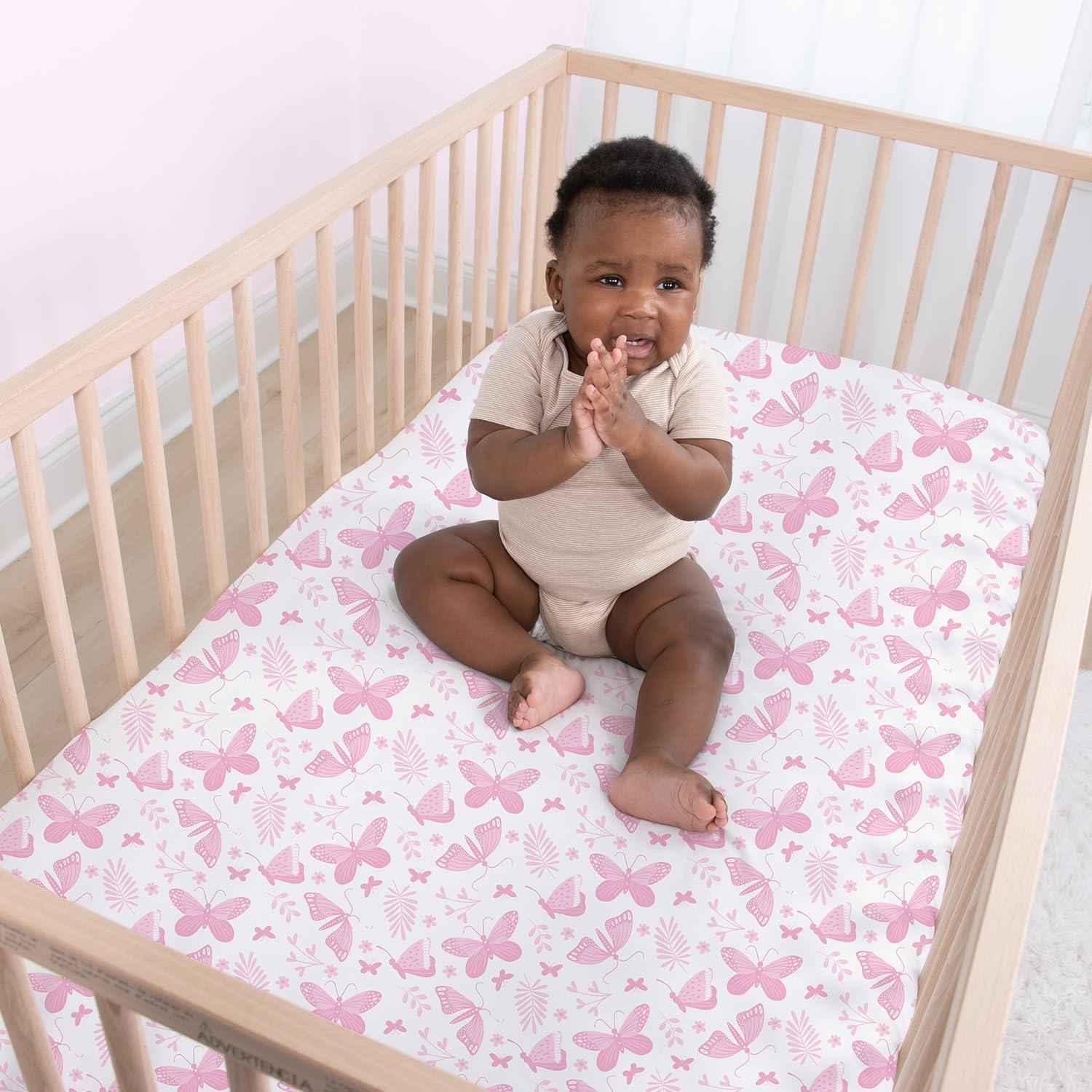 The Peanutshell Pink Butterfly 4-Pack Crib Fitted Sheet Set in Pink/White