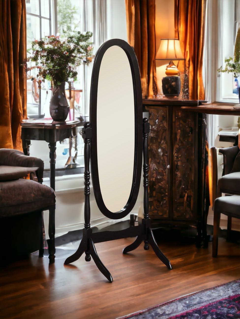 Black Oval Freestanding Full Length Rubber Wood Mirror