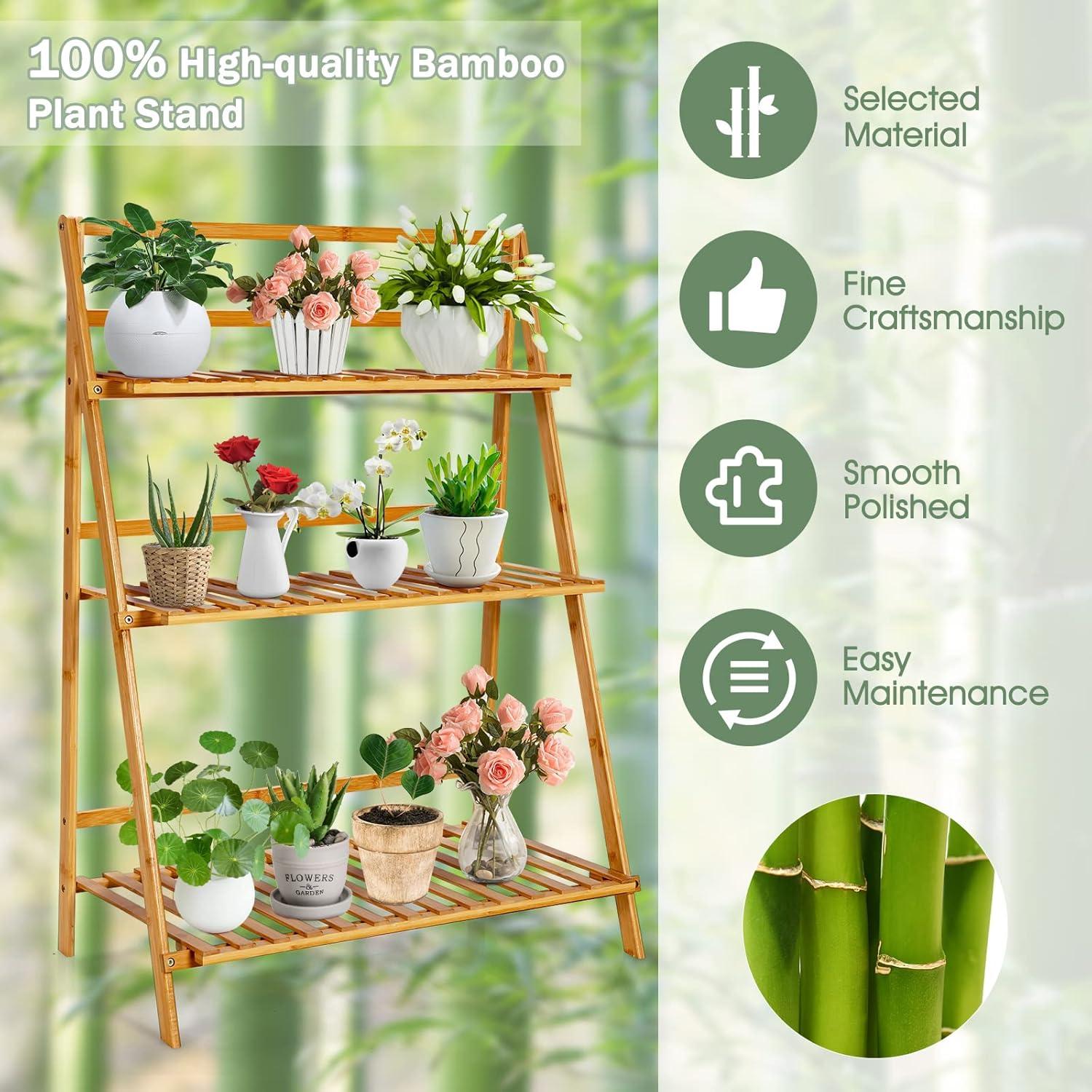 Costway Bamboo Ladder Plant Stand 3-Tier Foldable Flower Pot Display Shelf Rack Natural