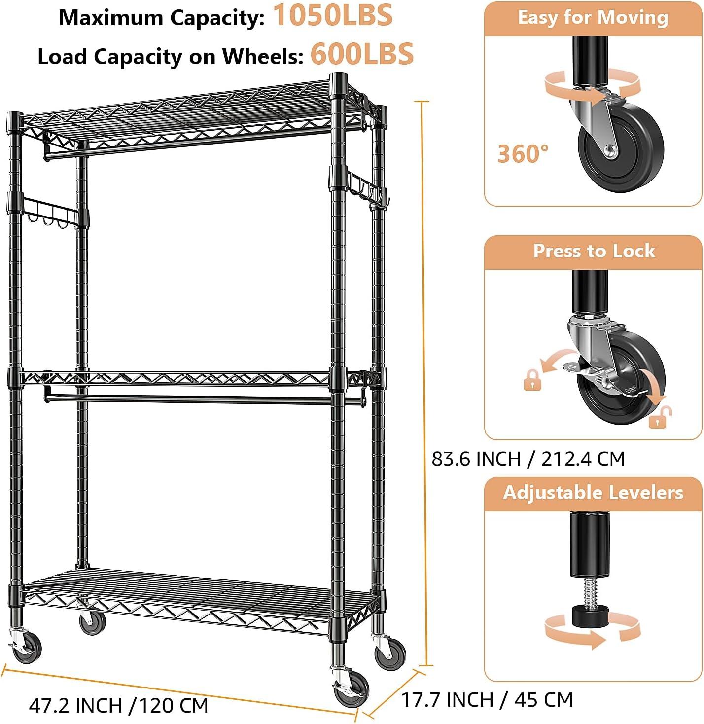 Heavy Duty Clothes Rack Rolling Garment Rack,3 Tier Adjustable Wire Shelving Clothing Racks for Hanging Clothes with Double Rods&Side Hooks,Freestanding Wardrobe Storage Rack Metal Portable Closet