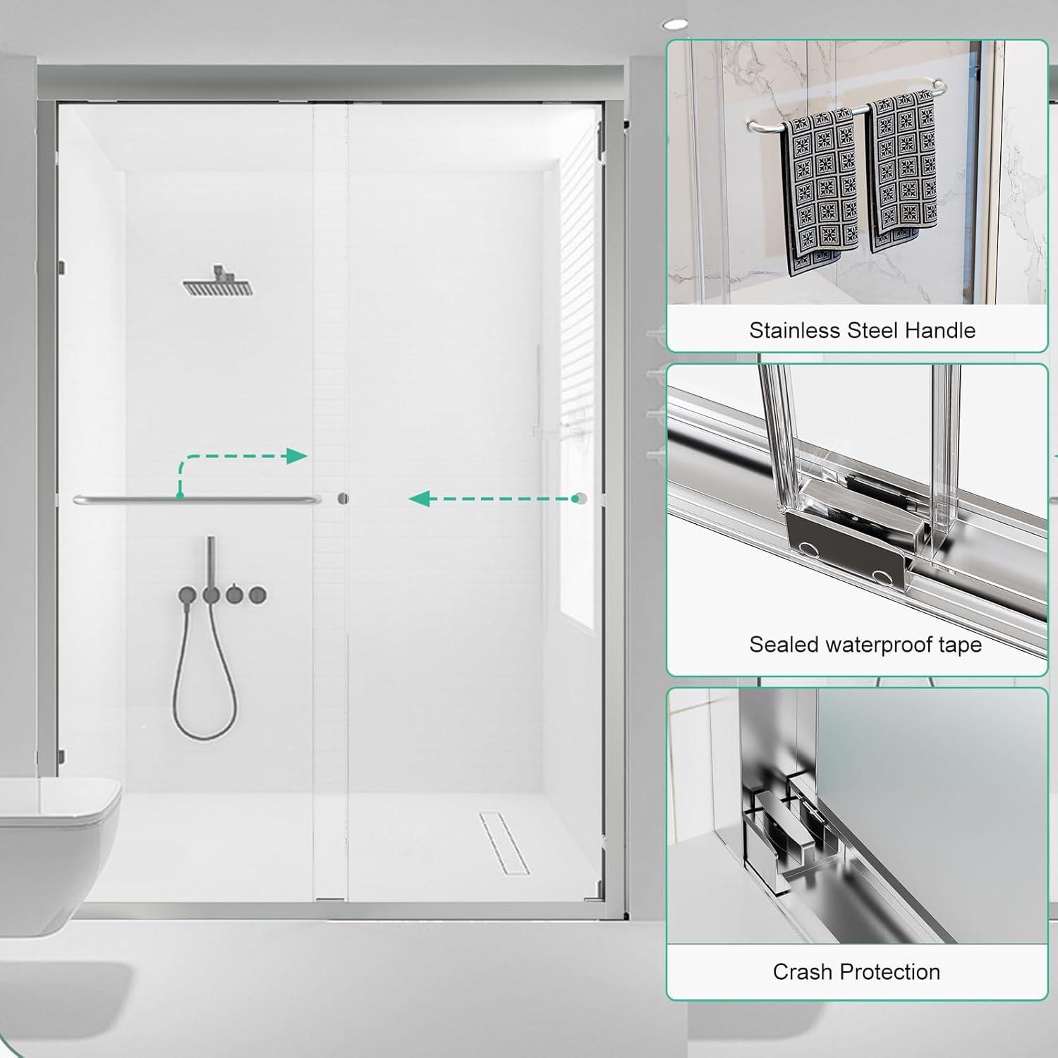 44-48"Wx72" H Semi-Frameless Double Sliding Shower Door,1/4"Thick SGCC Glass, Adjustable Width