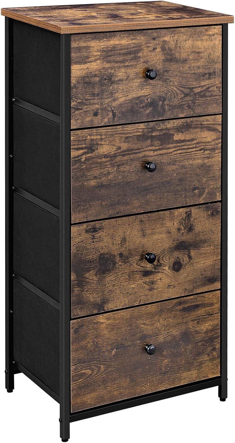 Rustic Brown and Black 4-Drawer Fabric Dresser with Wooden Top