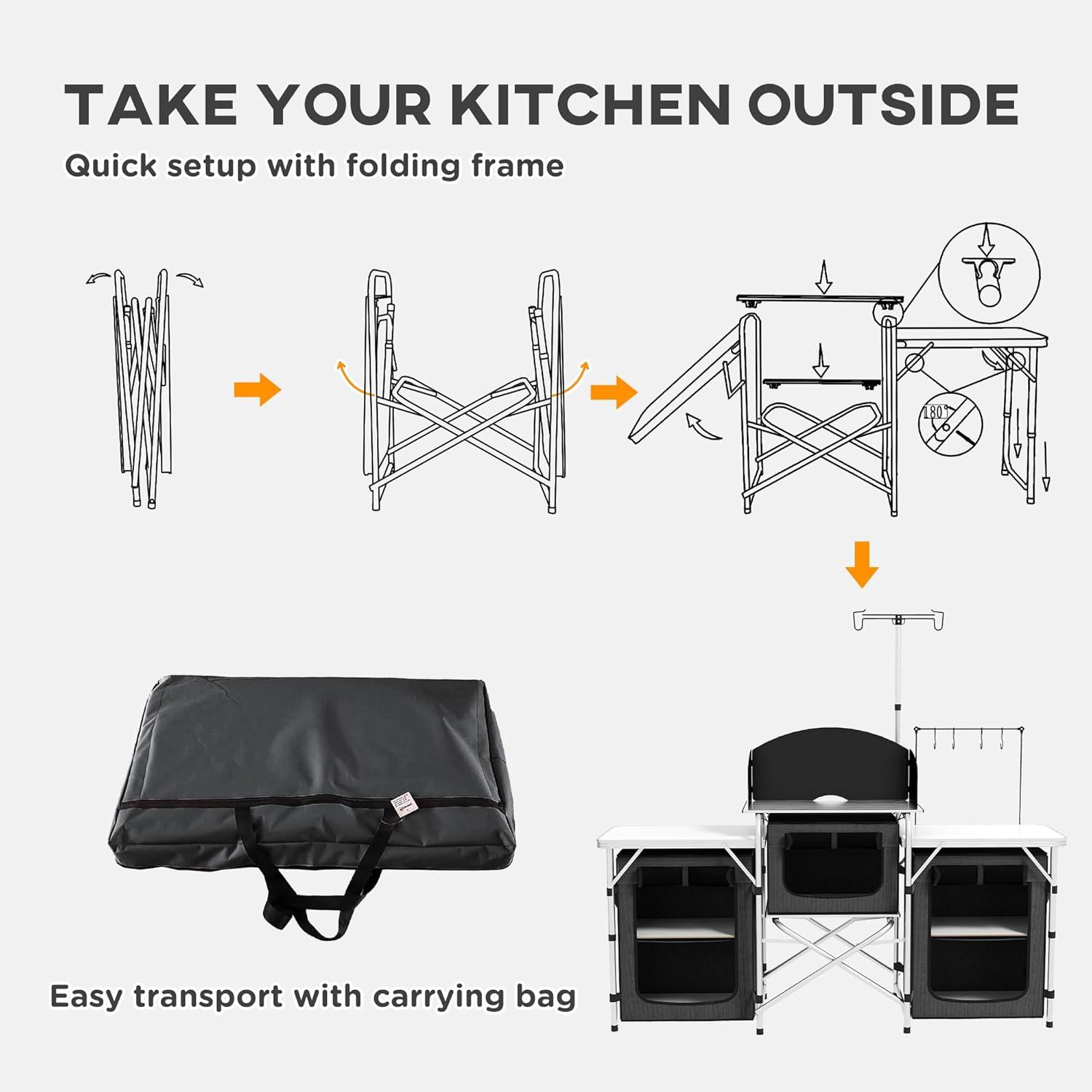 Outsunny Camping Kitchen Table, Portable Folding Camp Kitchen, Aluminum Cook Station with 3 Fabric Cupboards, Windshield, Carrying Bag, Black