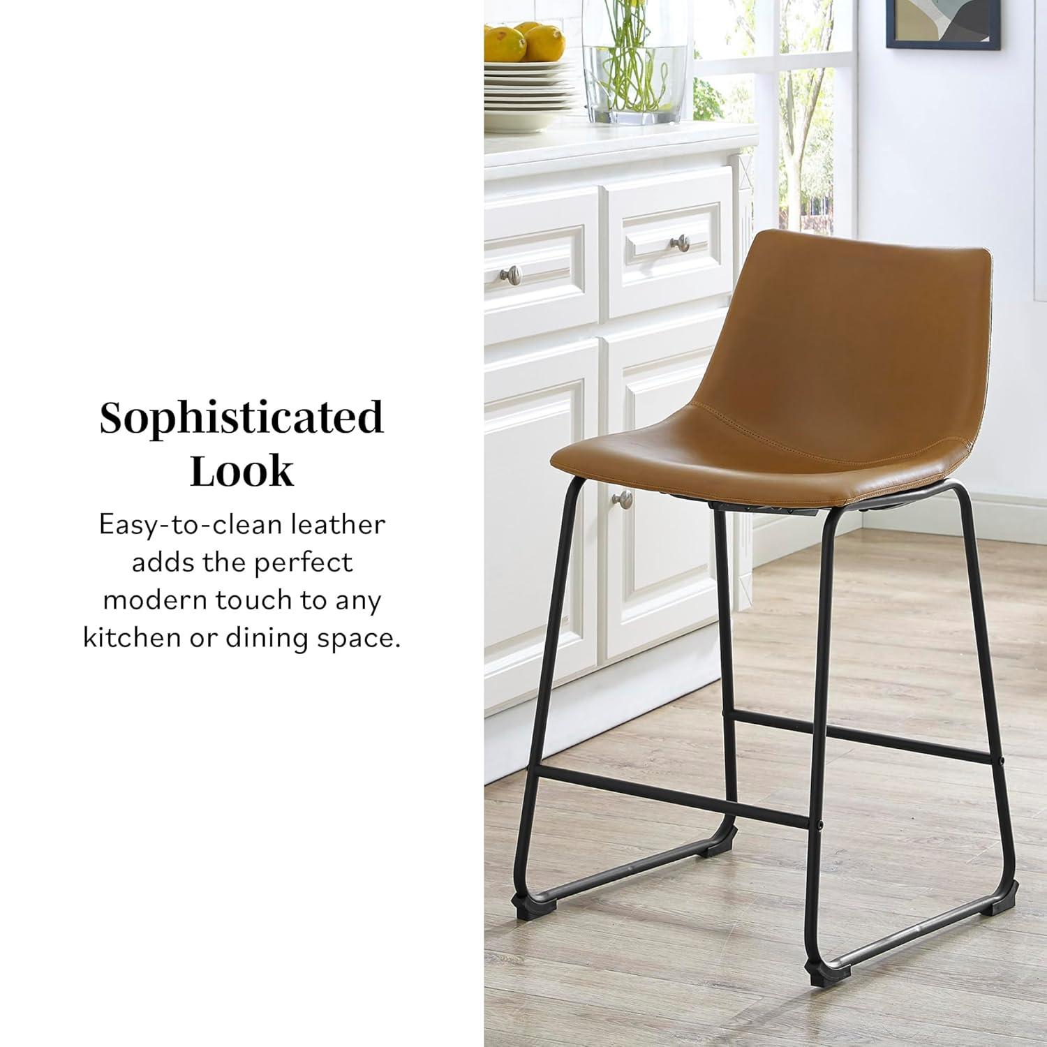 Whiskey Brown Faux Leather Industrial Counter Stools, Set of 2