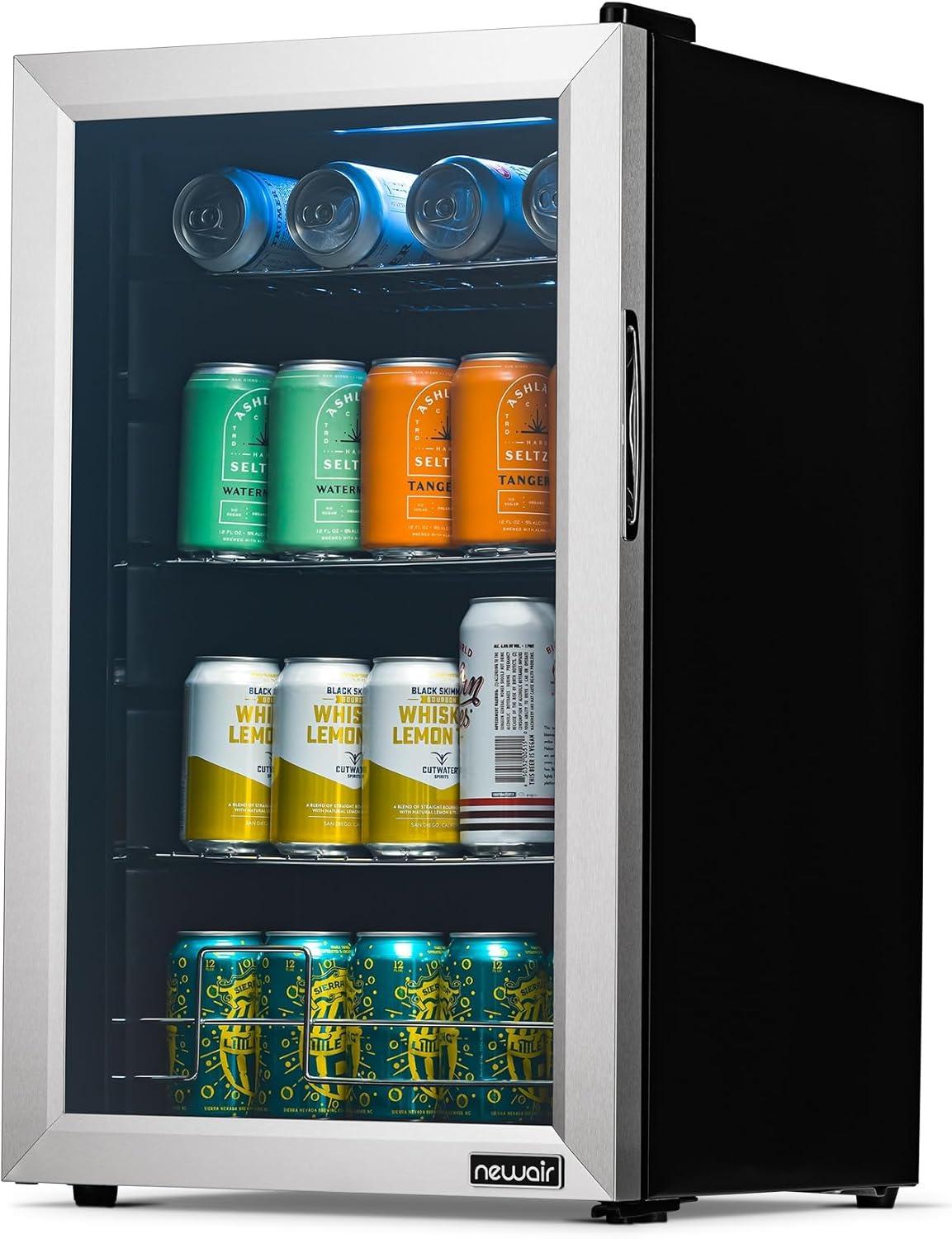 Newair 100 Can Beverage Fridge With Glass Door, Small Freestanding Mini Fridge In Stainless Steel