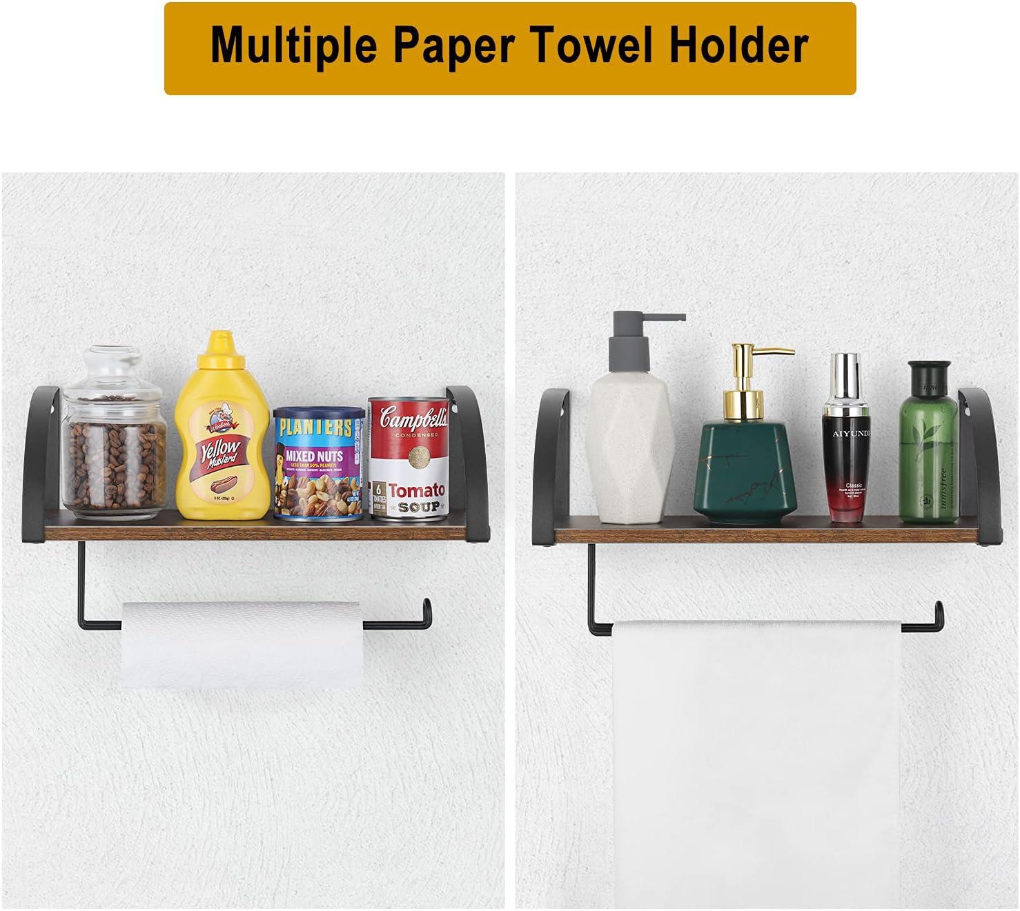 Paper Towel Holder with Shelf Storage, Wall Mount 2-in-1 Kitchen Paper Roll Towel Holder Rustic Farmhouse Under Cabinet Spice Rack for Kitchen Pantry Bathroom Organizer Storage