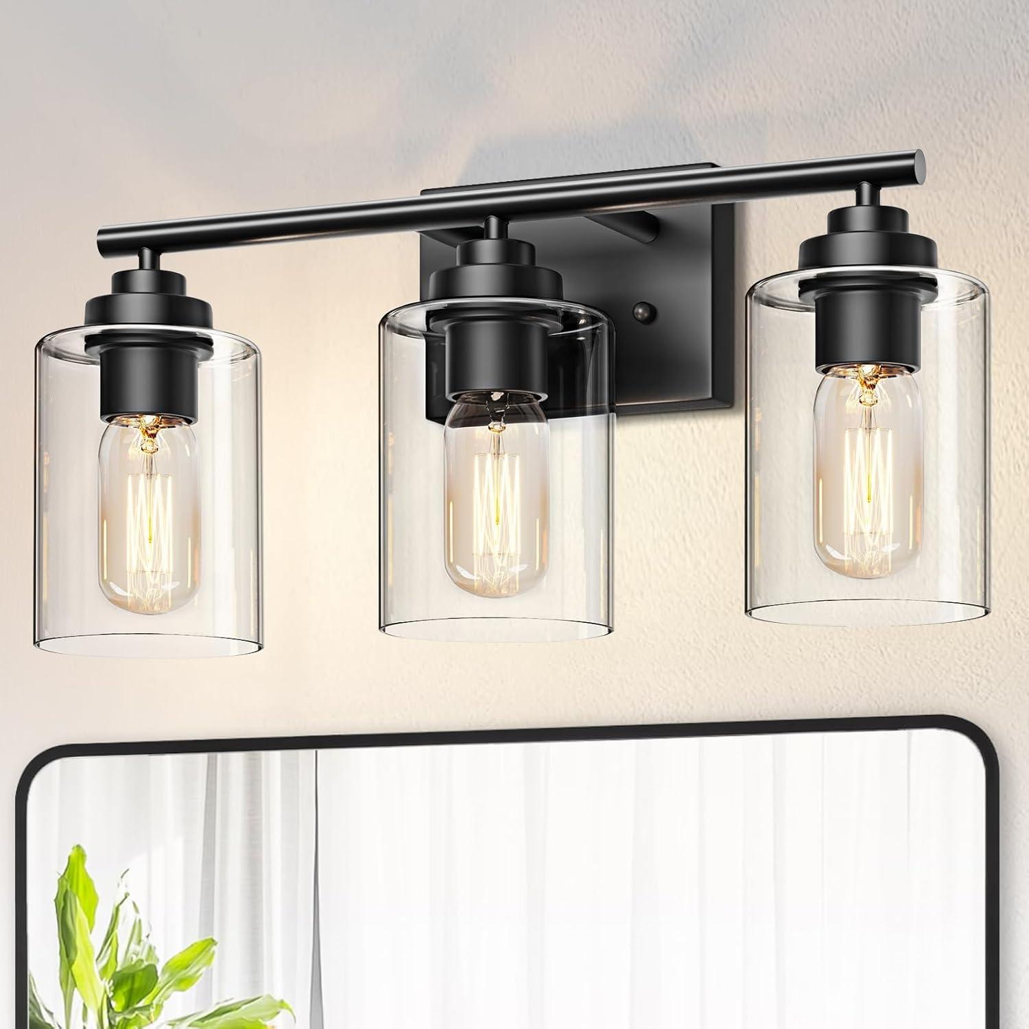 3-Light Bathroom Light Fixtures Bathroom Vanity Lights with Clear Glass Shades Matte Black Bathroom Light Fixtures over mirror for Mirror Living Room Cabinet Bedroom Porch