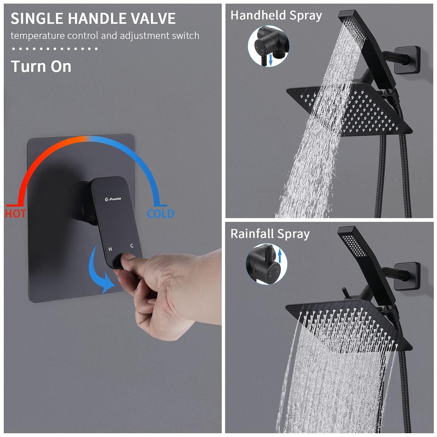 All Metal Shower Faucet Set, Dual Square Shower Head System with Handheld Wand, Diverter, Hose Complete Combo, Pressure Balance Rough-in Valve Included