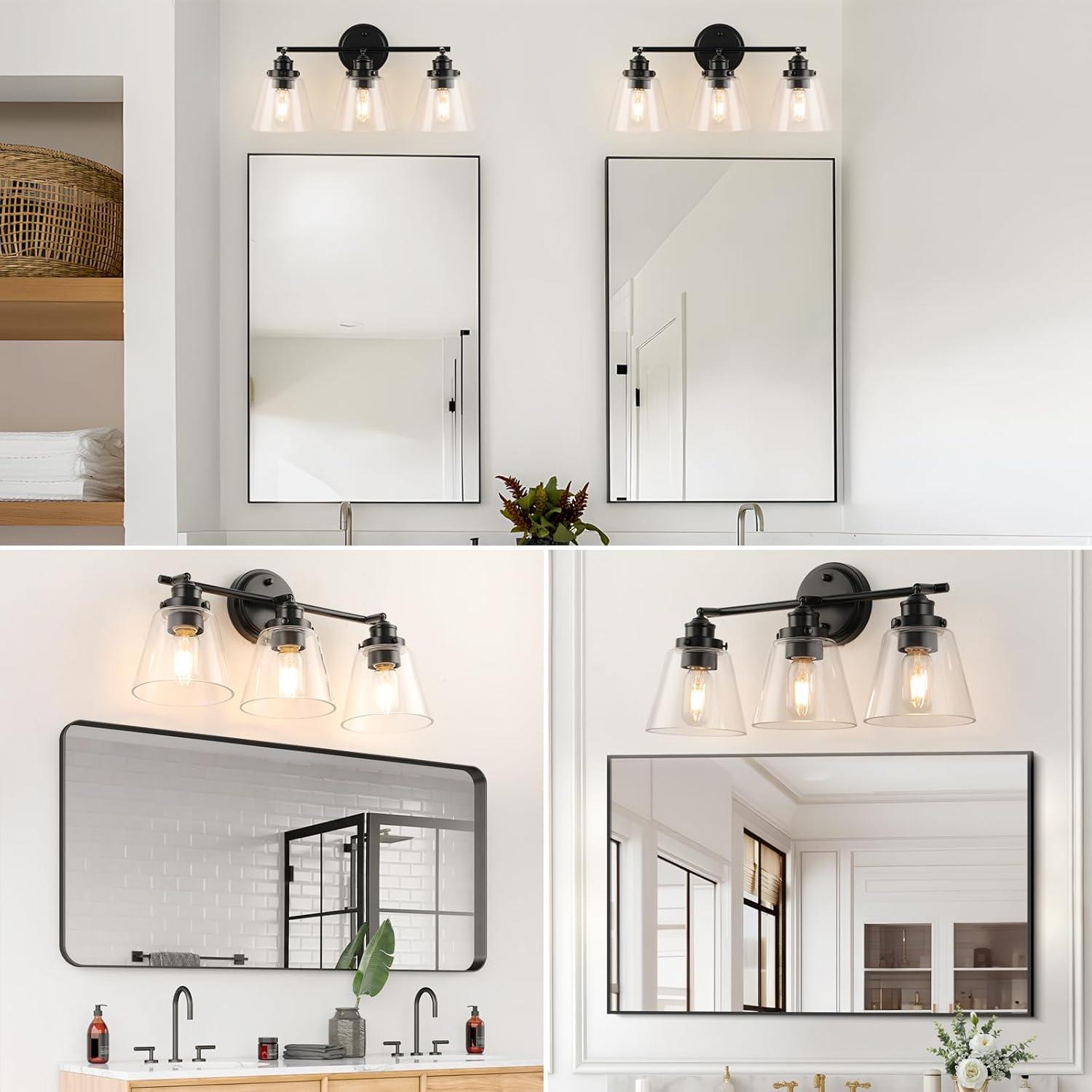 3-Light Bathroom Light Fixtures Bathroom Vanity Lights with Clear Glass Shades Matte Black Bathroom Light Fixtures over mirror for Mirror Living Room Cabinet Bedroom Porch