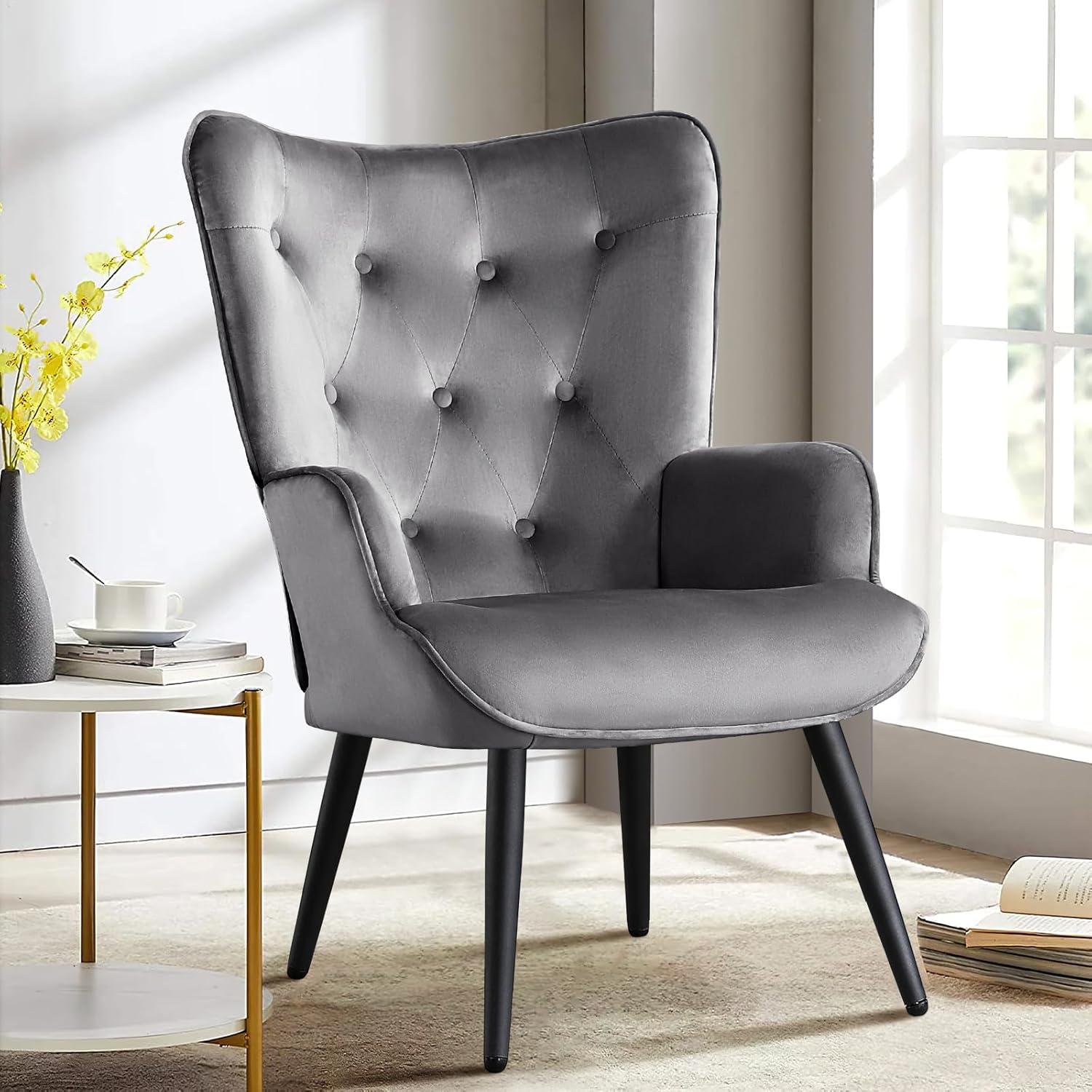 Furniliving Button-Tufted Wingback Chair Velvet Accent Chair,Grey