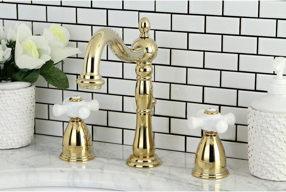 Kingston Brass Heritage Two-Handle 3-Hole Deck Mount Widespread Bathroom Faucet with Pop-Up Drain