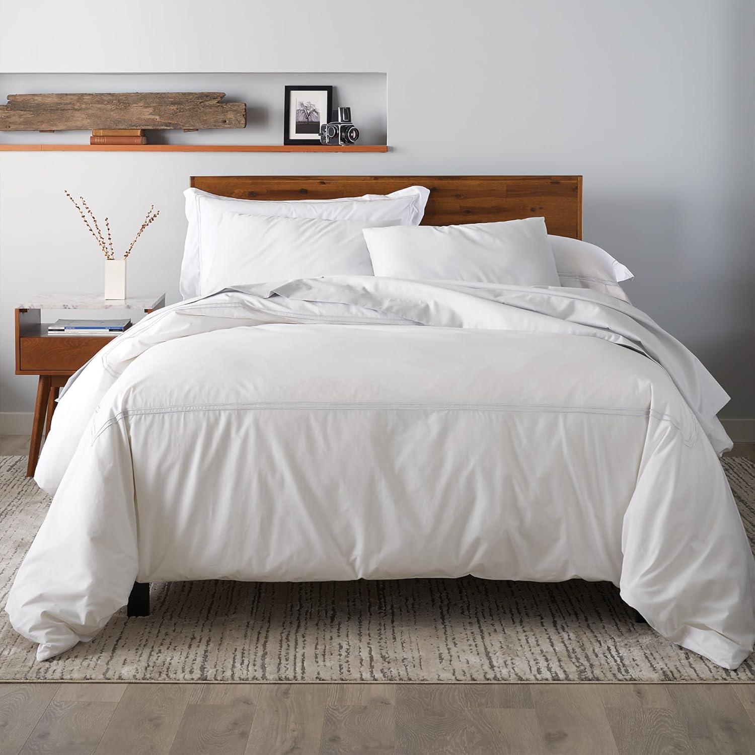 Ella Jayne Home Ella Jayne Cotton Duvet Cover with Satin Satin Stitching 3-Piece Set, White with White Satin Stitching
