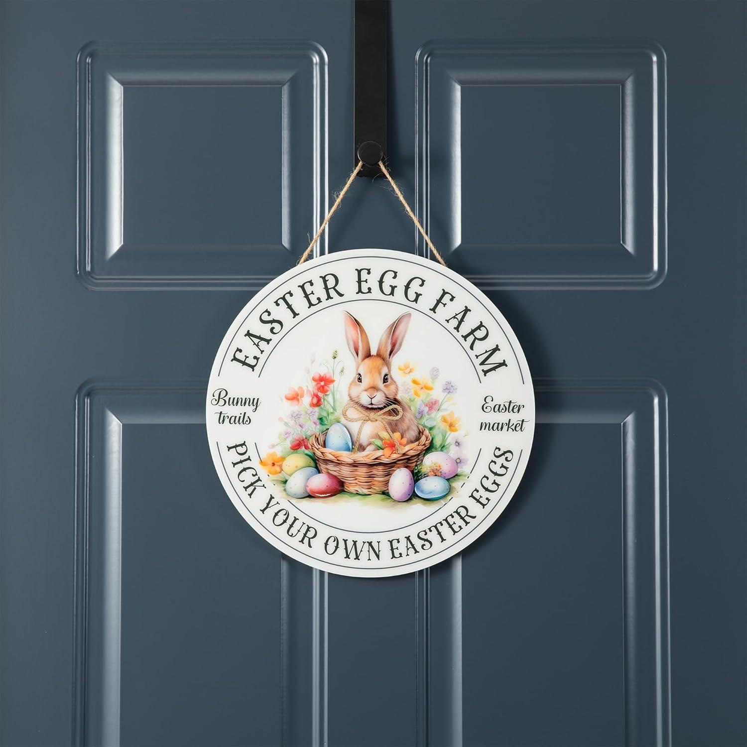 Glitzhome Easter Wooden Hanging Sign, 11.75"D Round Easter Bunny Eggs Sign Door Decoration, Rustic Easter Rabbit Wood Wreath Sign for Easter Spring Holiday Front Door Wall Farmhouse Porch Decor