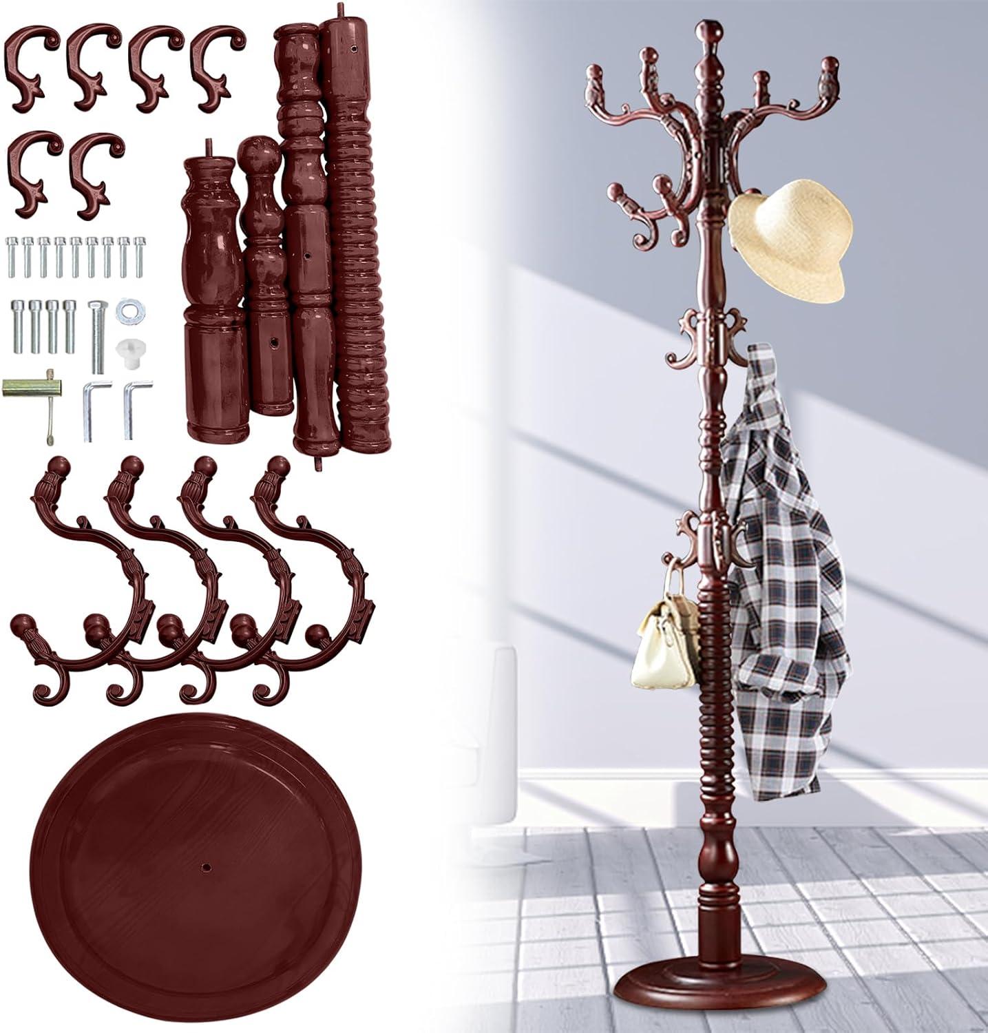Red Barrel Studio® Wood Coat Rack Stand, Wooden Coat Rack Freestanding With Sturdy Round Base, Coat Racks With 14 Hooks, Natural Birch Wood Entryway Coat Tree Hanger Stand Easy To Assemble