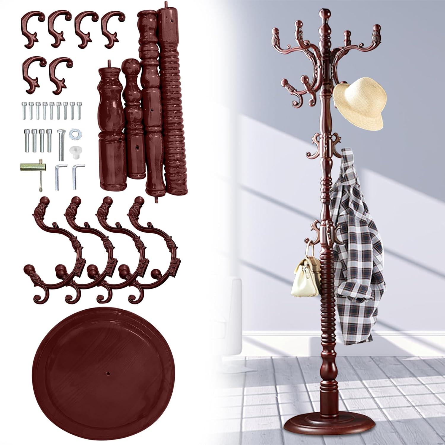 Red Barrel Studio® Wood Coat Rack Stand, Wooden Coat Rack Freestanding With Sturdy Round Base, Coat Racks With 14 Hooks, Natural Birch Wood Entryway Coat Tree Hanger Stand Easy To Assemble