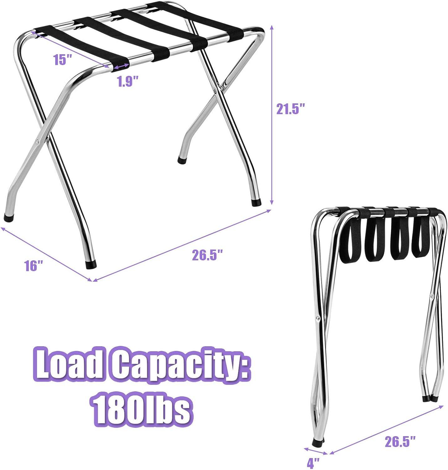 Chrome Luggage Rack for Guest Room, Folding Metal Bag Suitcase Holder with Nylon Straps, Luggage Stand Ideal for Home Bedroom Guest Room Hotel, No Assembly Required (4)