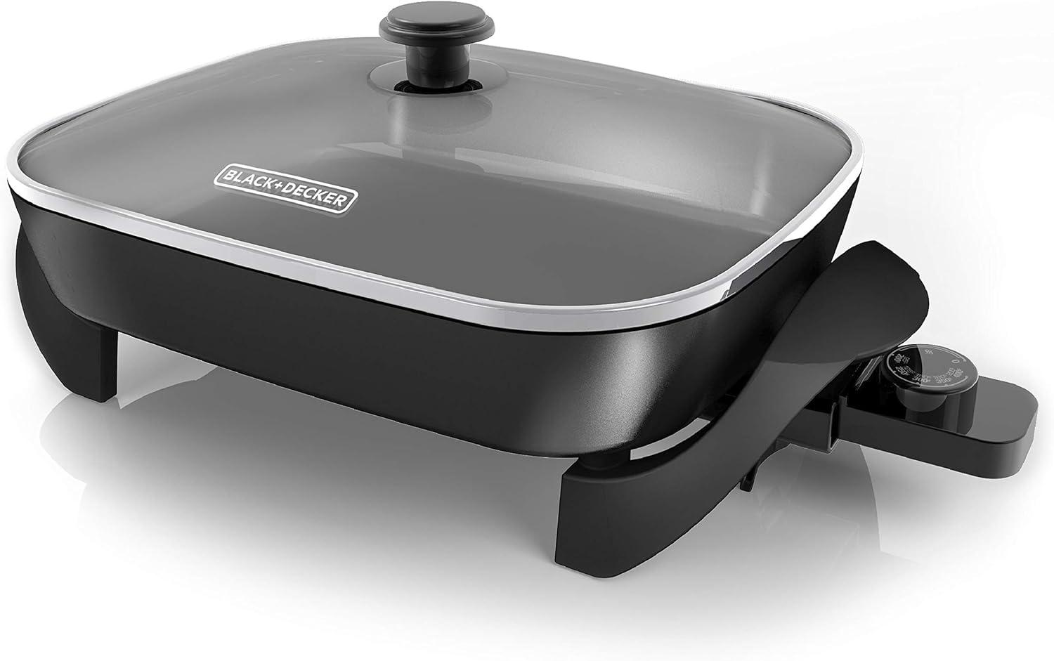 Black and Silver 12" x 15" Nonstick Electric Skillet with Tempered Glass Lid