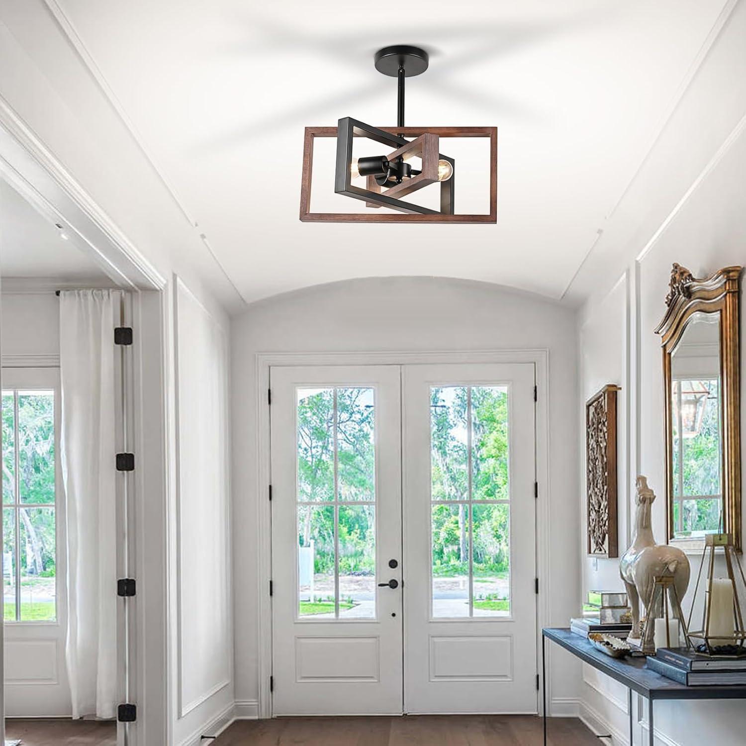 3-Light Black Ceiling Light Fixture for Dining Room Foyer Modern Farmhouse Lighting Fixtures Semi Flush Mount Rectangle Metal Ceiling Light for Bedroom Kitchen Island Entryway 15.74''
