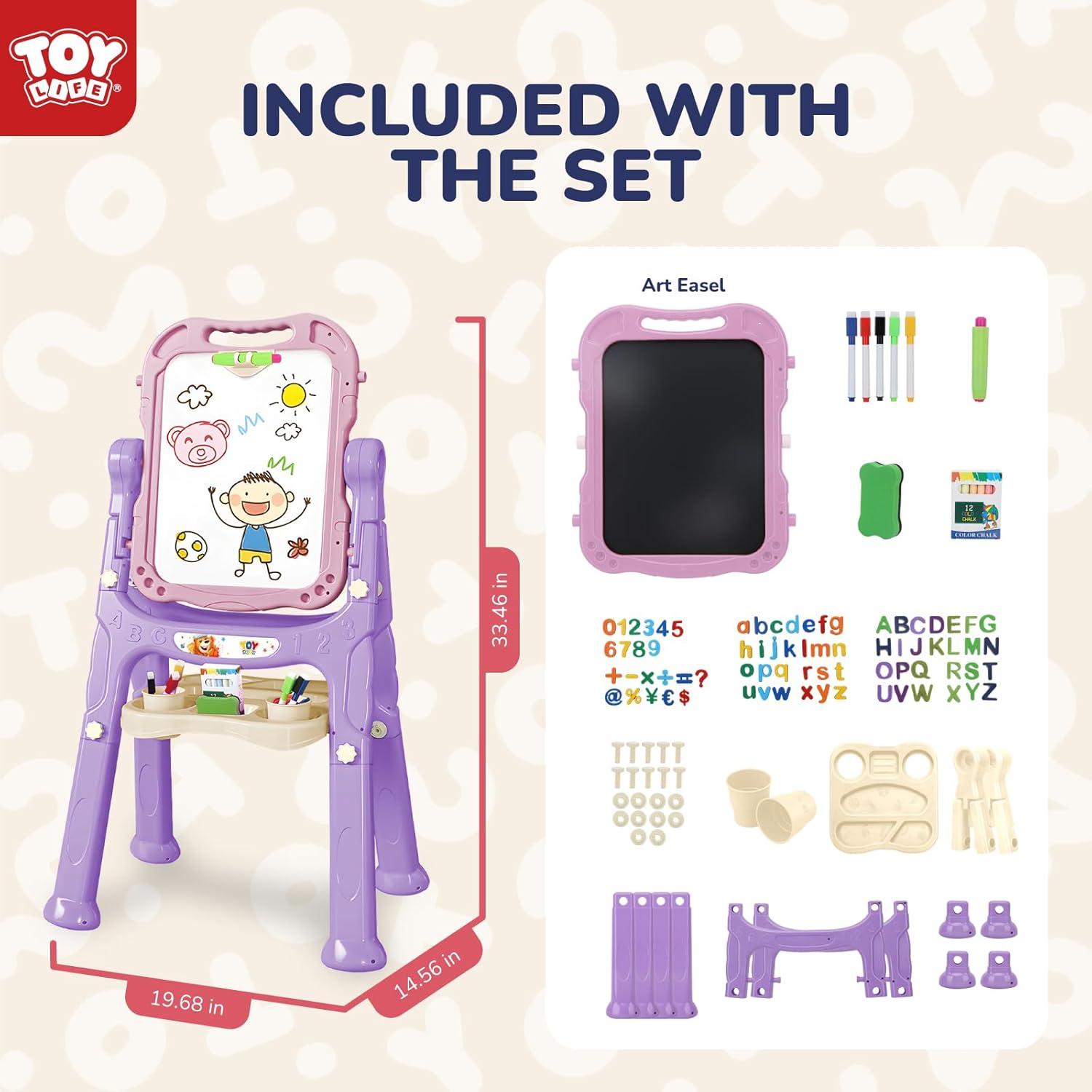 Easel for Kids, Adjustable Standing Art Easel for Toddler, Double Magnetic Drawing Board with Painting Accessories, Birthday Christmas Gift for Little Boys and Girls,  Pink