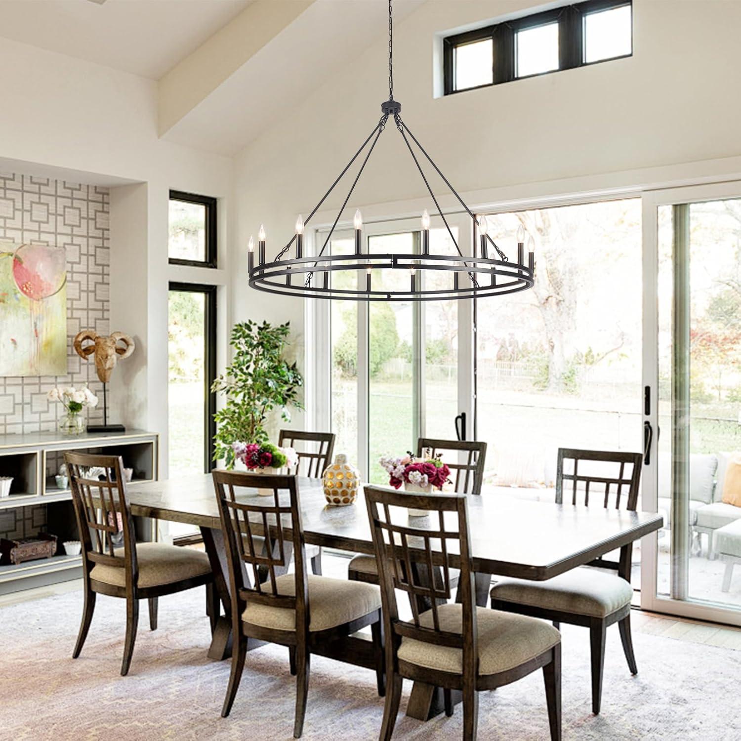 16-Lights Wagon Wheel Chandelier 47 Inch Black Farmhouse Chandelier Large Chandeliers for High Ceilings Round Modern Farmhouse Chandeliers Ceiling Light for Living Room Dining Room Foyer Entryway