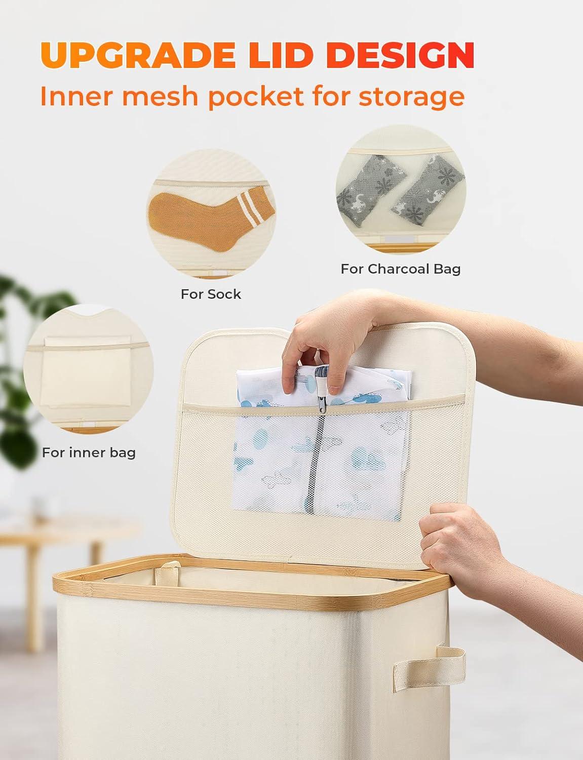 JOYTUTUS 100Liters Laundry Basket with Lid, Large Laundry Collector Storage with 2 Removable Washable Laundry Hamper, Waterproof, Foldable ,Bamboo and Oxford Fabric for Bedrooms, Bathroom