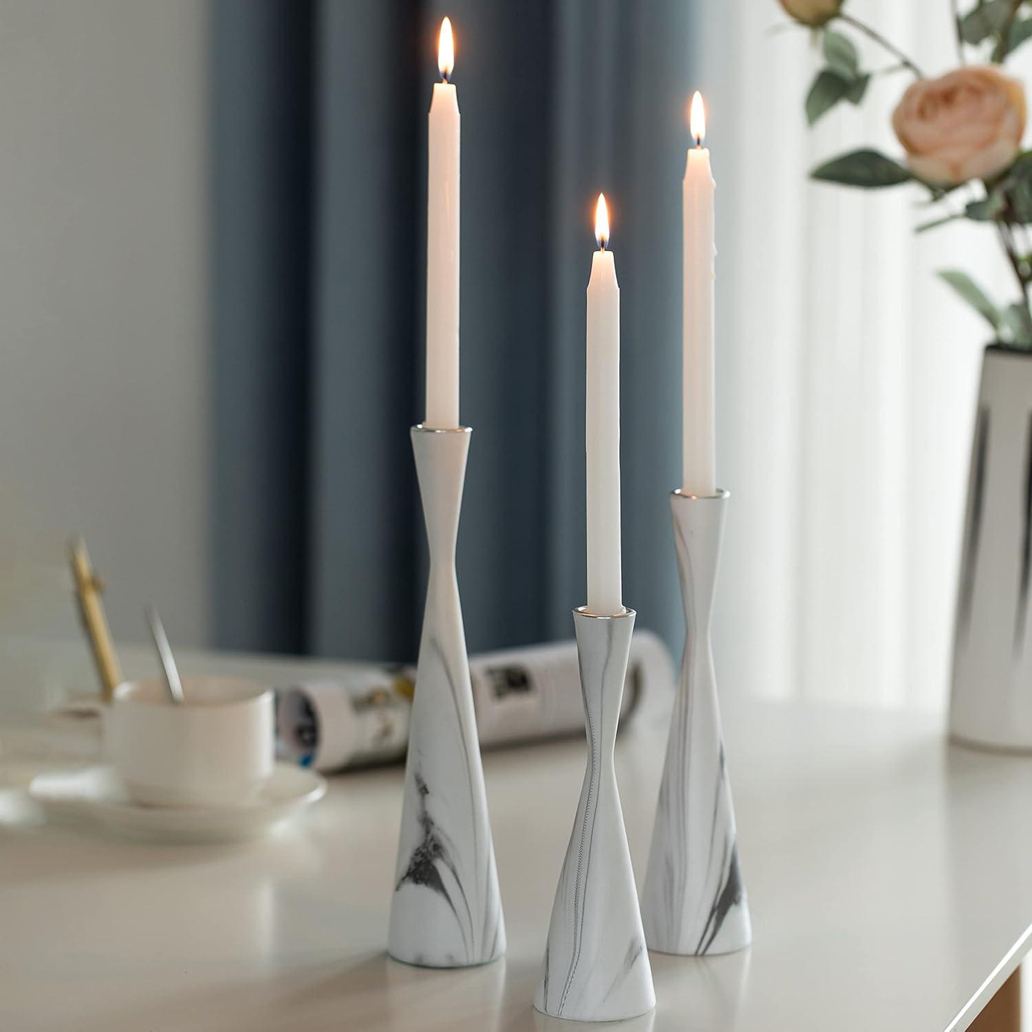 Ivy Bronx Marble Resin Candle Holders - 3 Set Taper Candlesticks for Home Decor, Table Centerpieces, White