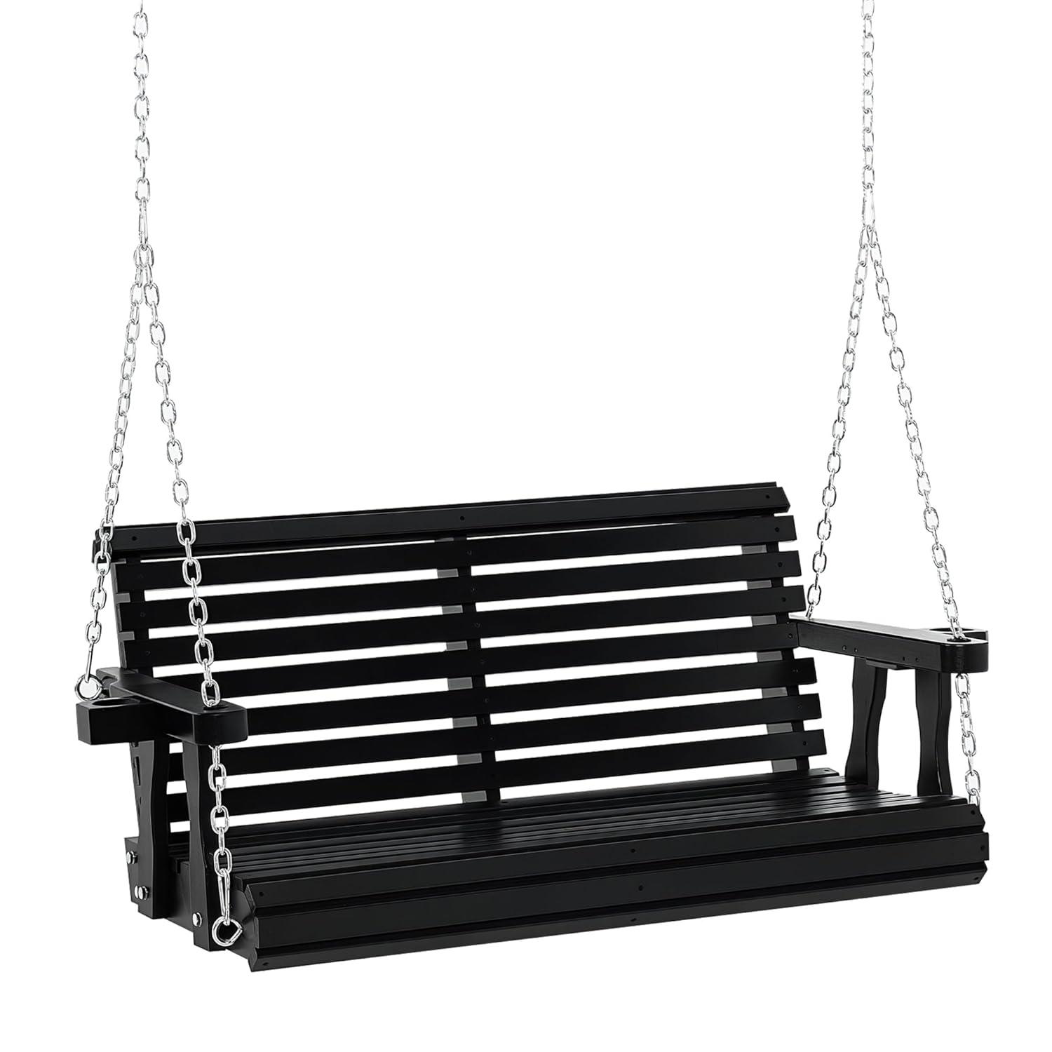 Outsunny 46" 2-Person Porch Swing Wooden Patio Swing Bench with Cup Holders, Slatted Design, & Chains Included, 440lb Weight Capacity, Black