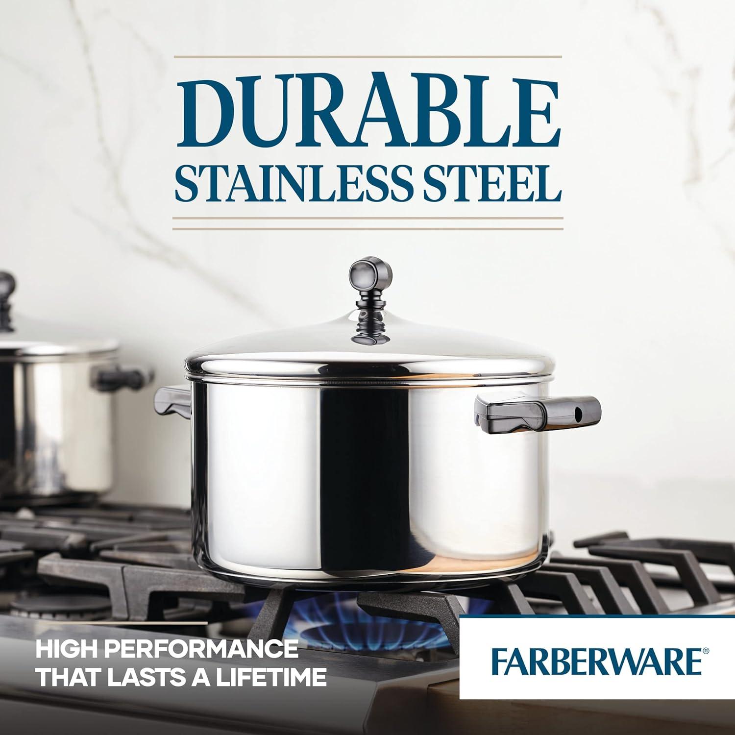 Farberware Classic Series 6qt Stainless Steel Stockpot with Lid Silver: Dishwasher-Safe, Induction & Gas Compatible