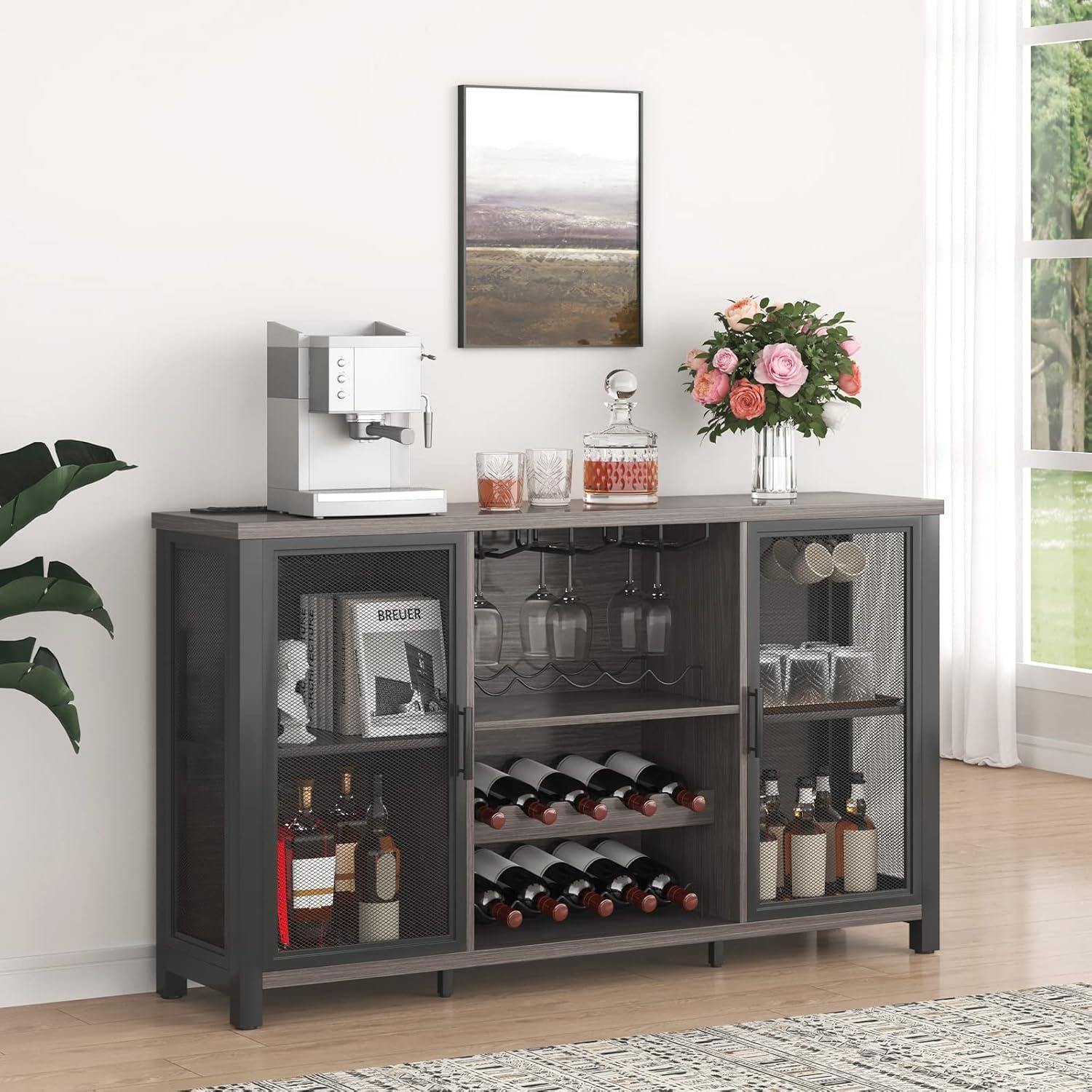 VEVOR 55'' Gray MDF Industrial Bar Cabinet with Wine Rack