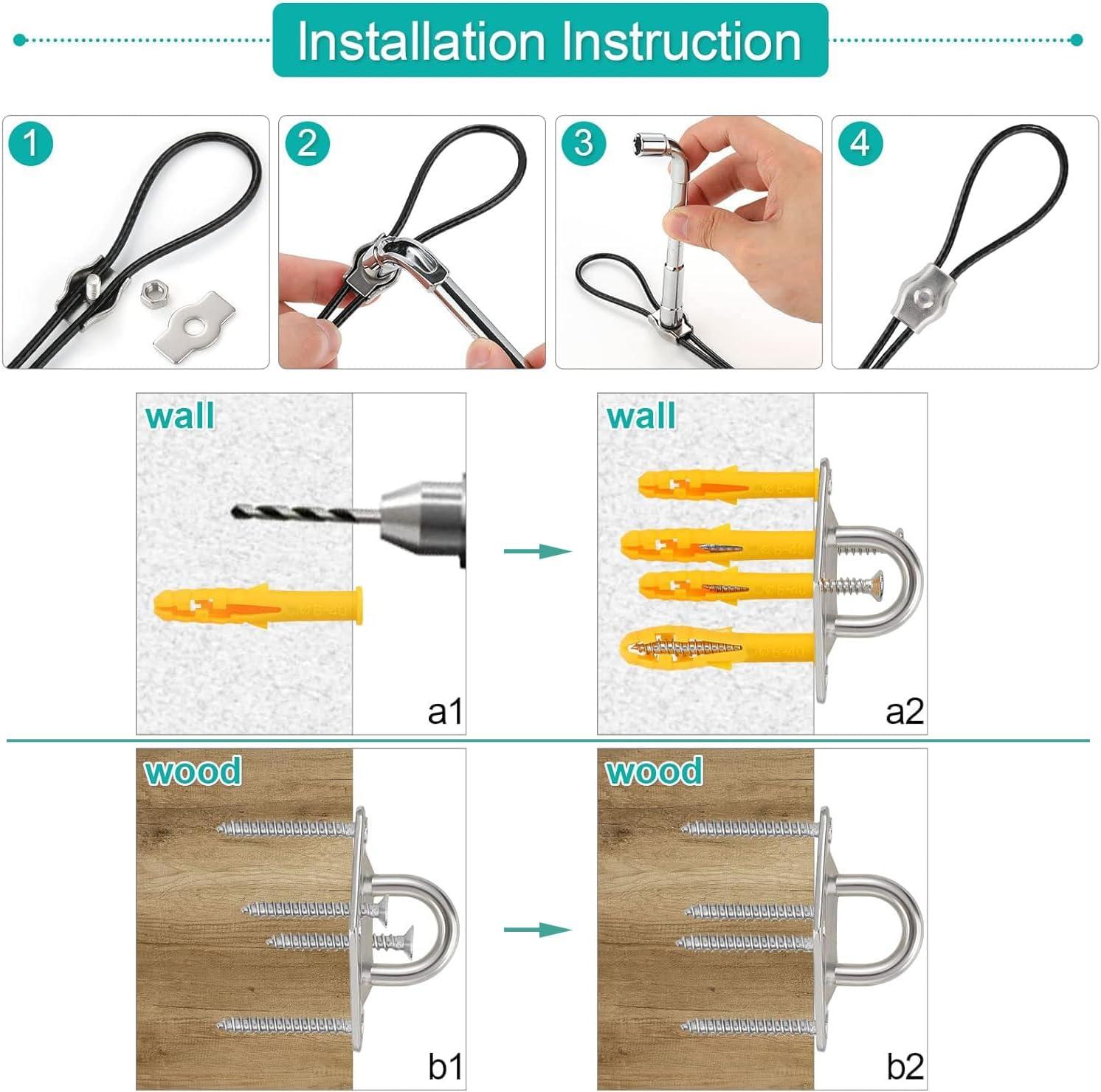 Sun Shade Sail Hardware Kit with 4pcs 10ft Length Extension Nylon Wire Rope,Shade Sails Installation Kits for Triangle Rectangle Shade Canopy,Shades Awning Kit is 304 Stainless Steel,Garden Outdoors