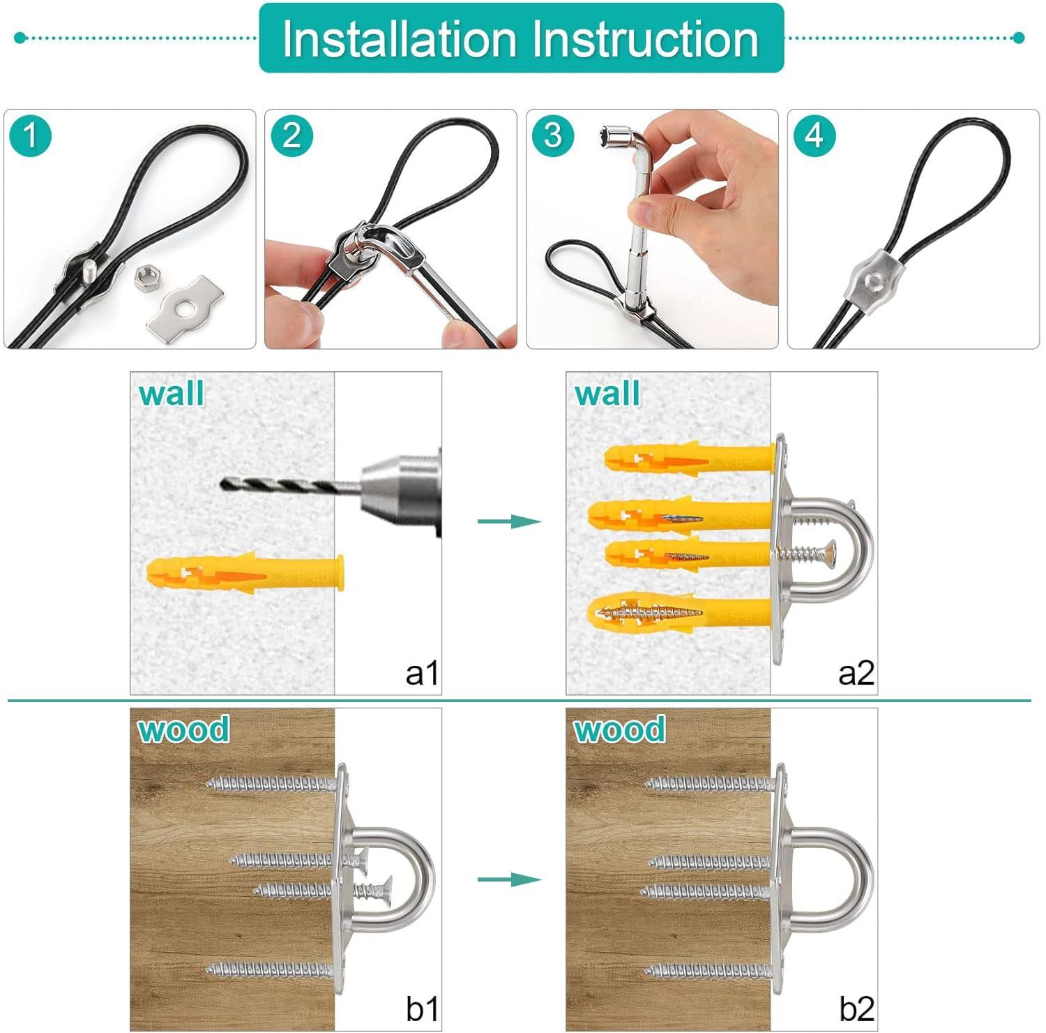 Sun Shade Sail Hardware Kit with 4pcs 10ft Length Extension Nylon Wire Rope,Shade Sails Installation Kits for Triangle Rectangle Shade Canopy,Shades Awning Kit is 304 Stainless Steel,Garden Outdoors